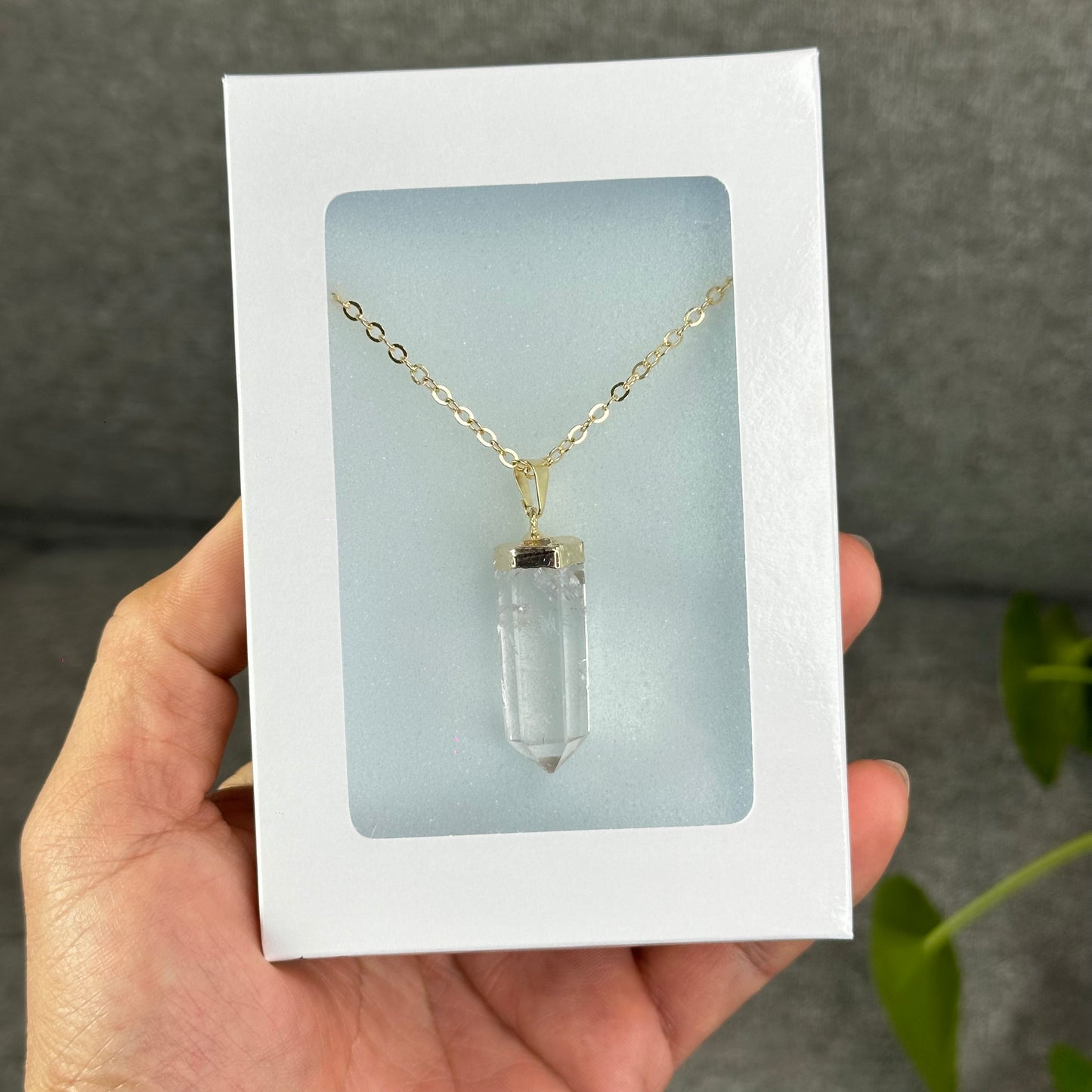 Natural Clear Quartz Double terminated Necklace with Chain Gold Plated