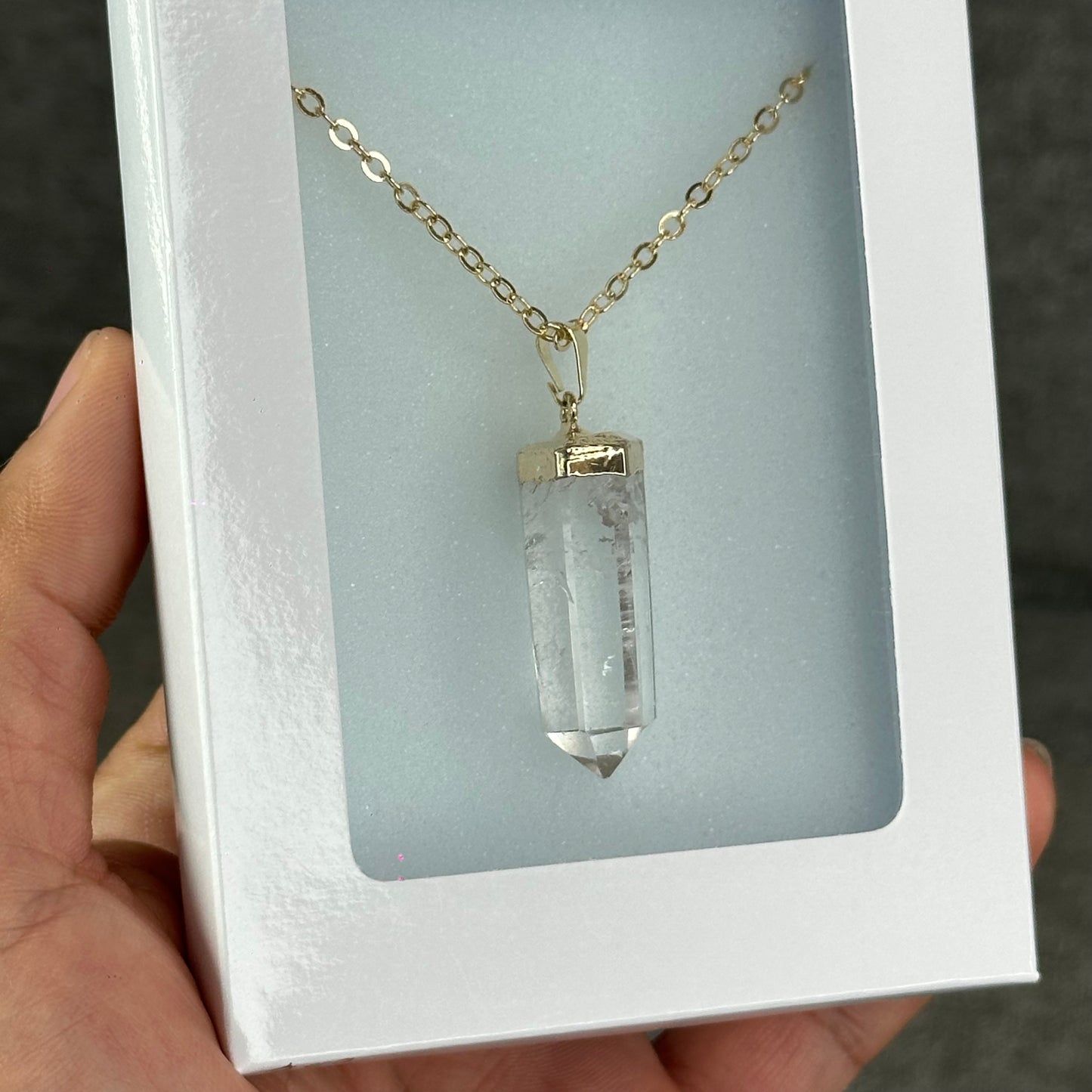 Natural Clear Quartz Double Terminated Necklace with Chain Gold Plated