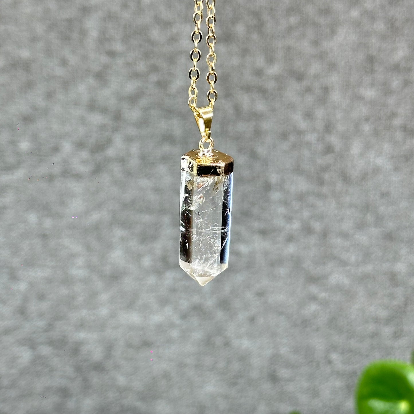 Natural Clear Quartz Double terminated Necklace with Chain Gold Plated