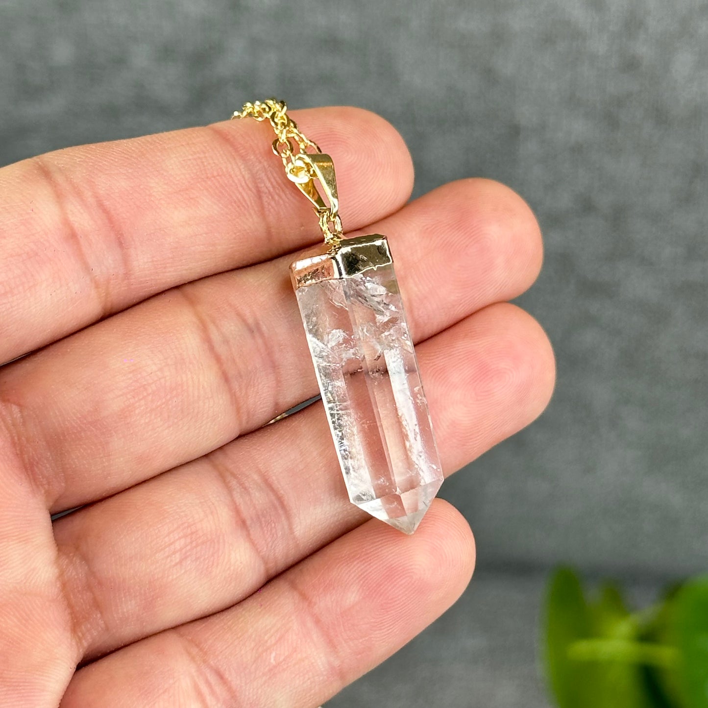 Natural Clear Quartz Double terminated Necklace with Chain Gold Plated