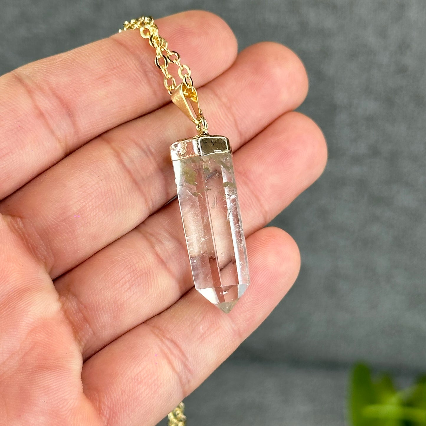 Natural Clear Quartz Double terminated Necklace with Chain Gold Plated