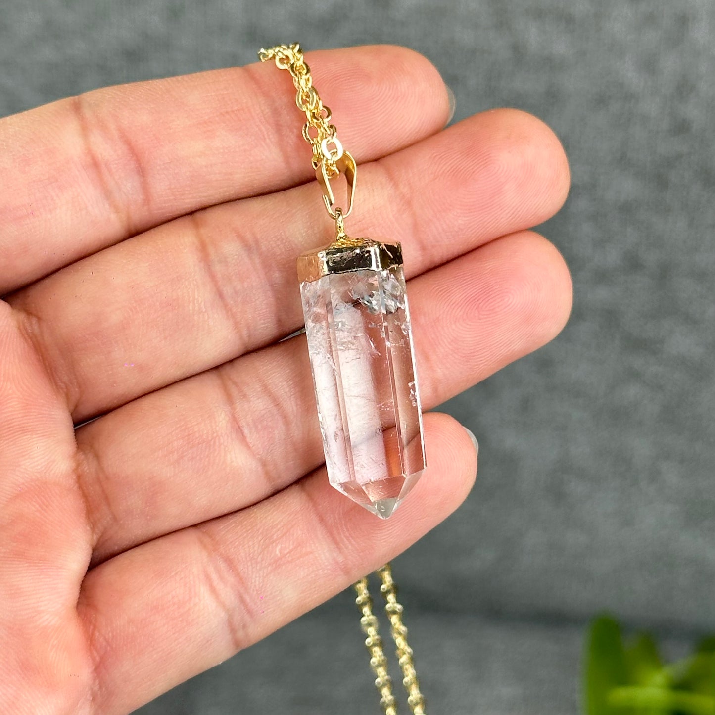 Natural Clear Quartz Double terminated Necklace with Chain Gold Plated