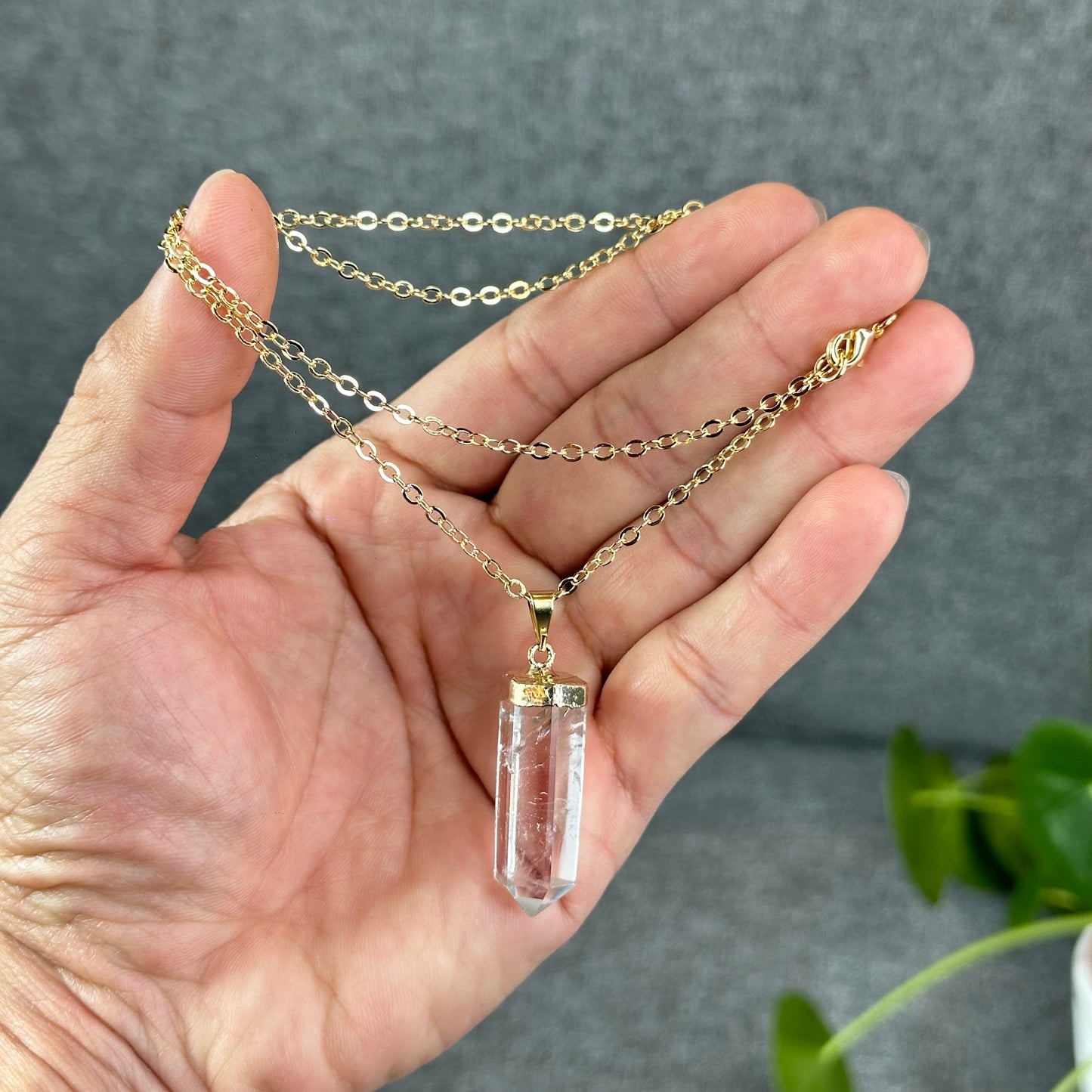 Natural Clear Quartz Double terminated Necklace with Chain Gold Plated