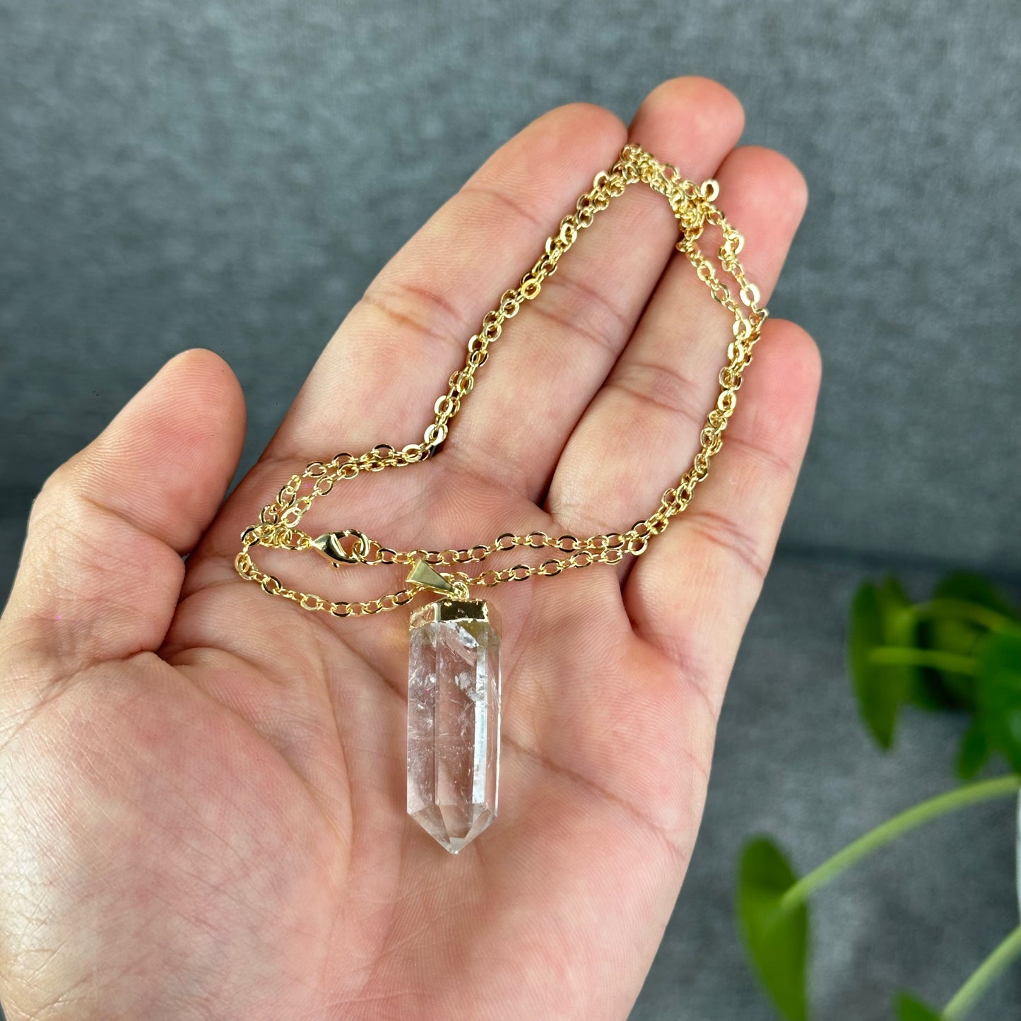 Natural Clear Quartz Double terminated Necklace with Chain Gold Plated