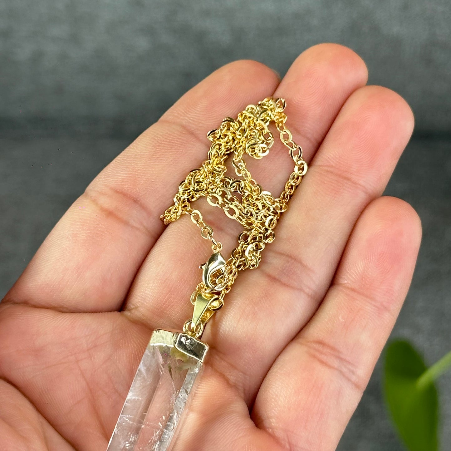 Natural Clear Quartz Double terminated Necklace with Chain Gold Plated