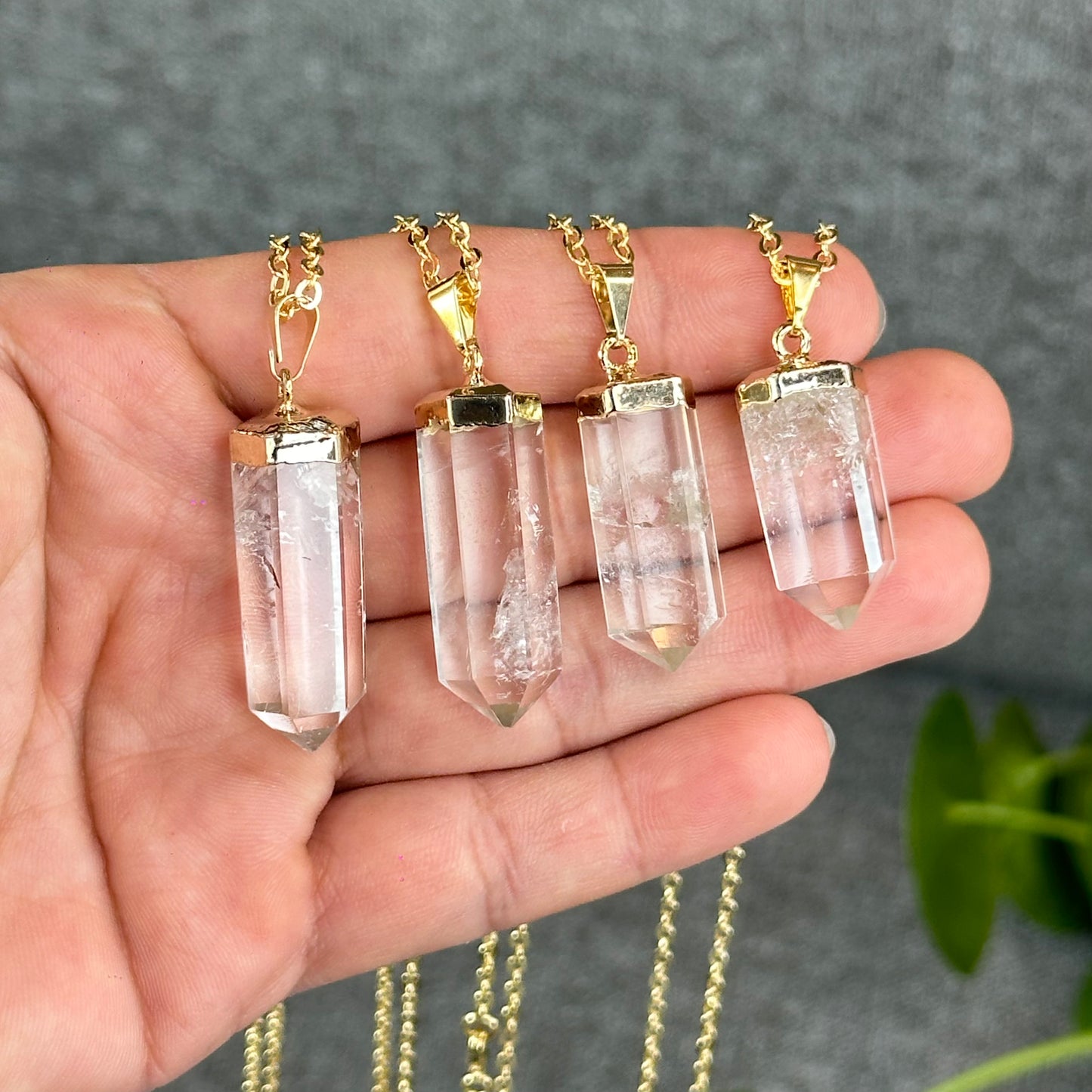 Natural Clear Quartz Double terminated Necklace with Chain Gold Plated