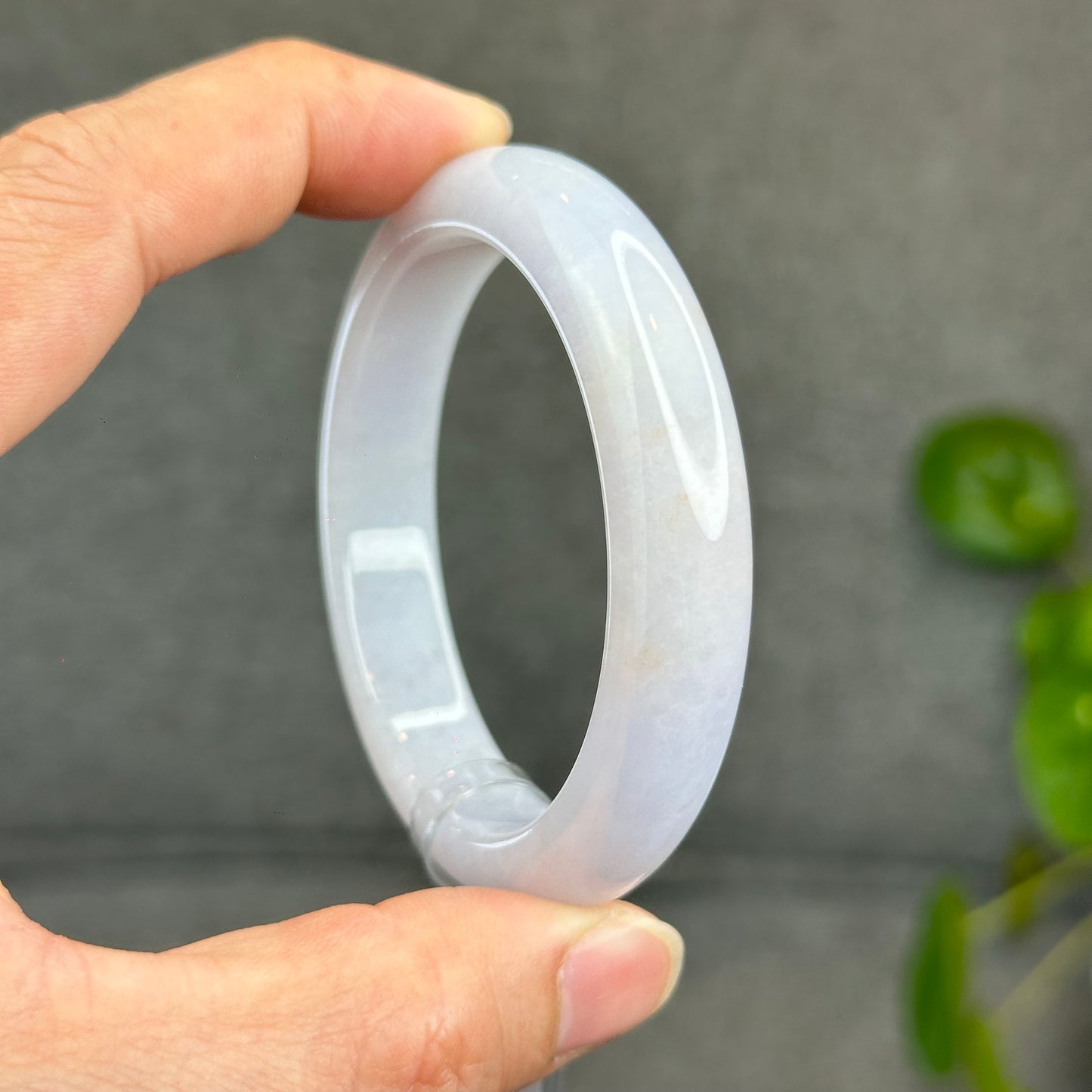 Natural Semi-Translucent Ivory White with Taro Light Purple Type A Jadeite Jade Bangle Leaf Style Size 55 mm