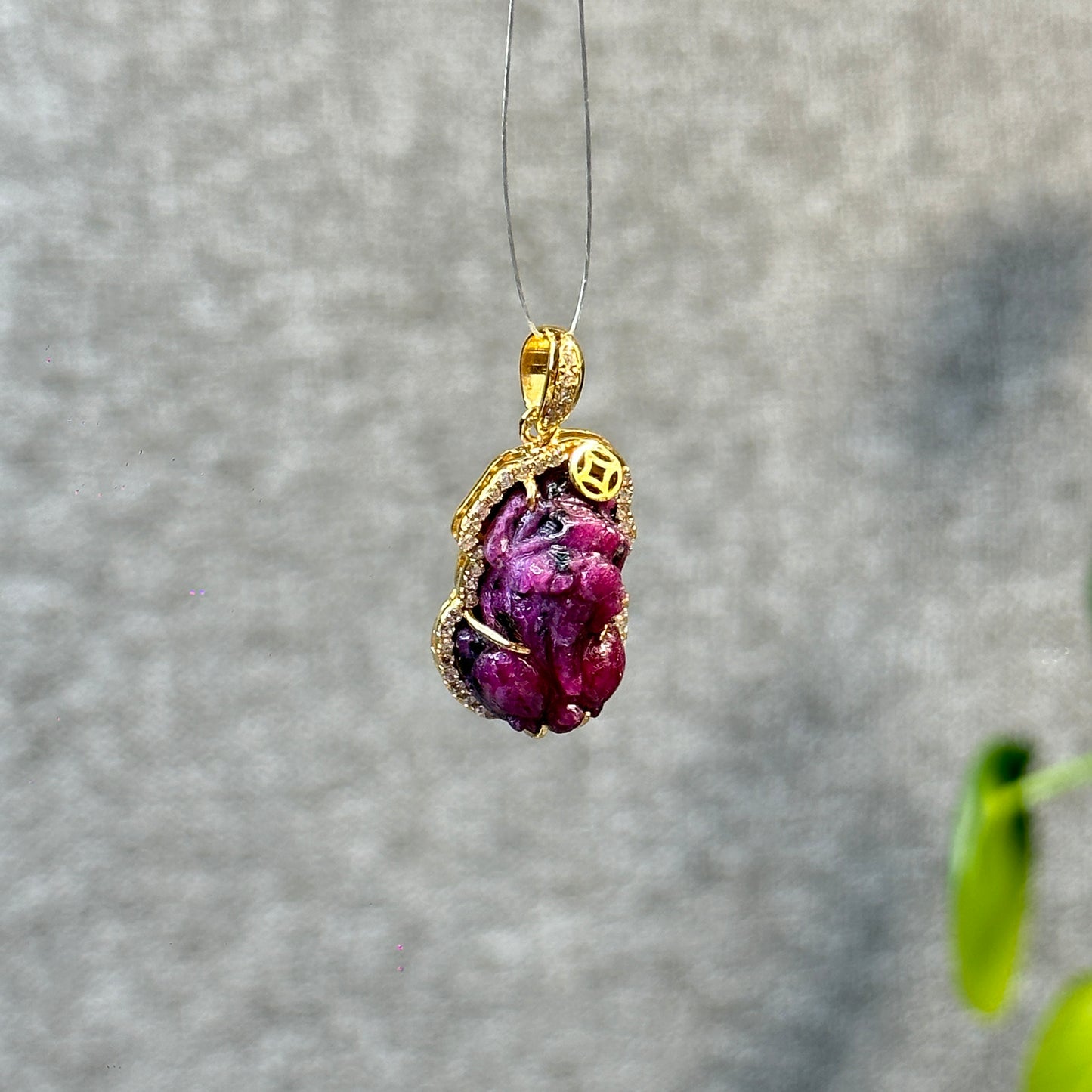 Pixiu Natural Ruby Pendant in 10k Yellow Gold with White Stone Setting