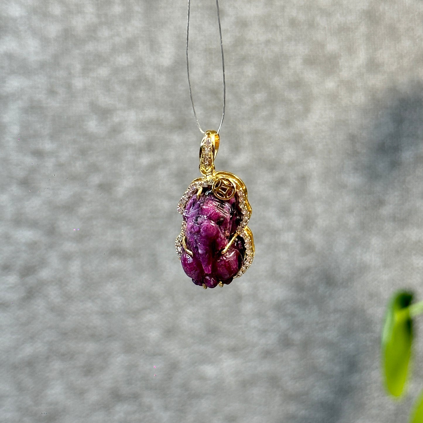 Pixiu Natural Ruby Pendant in 10k Yellow Gold with White Stone Setting