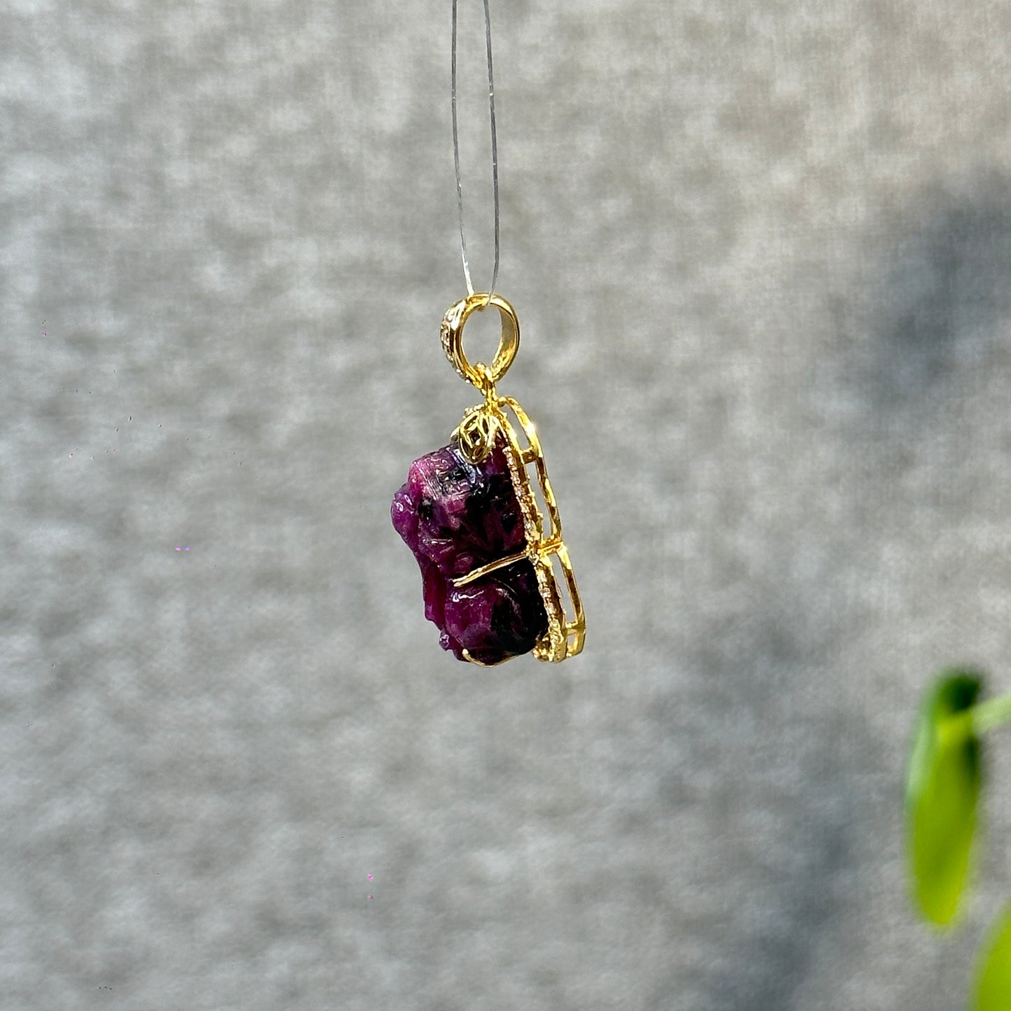 Pixiu Natural Ruby Pendant in 10k Yellow Gold with White Stone Setting