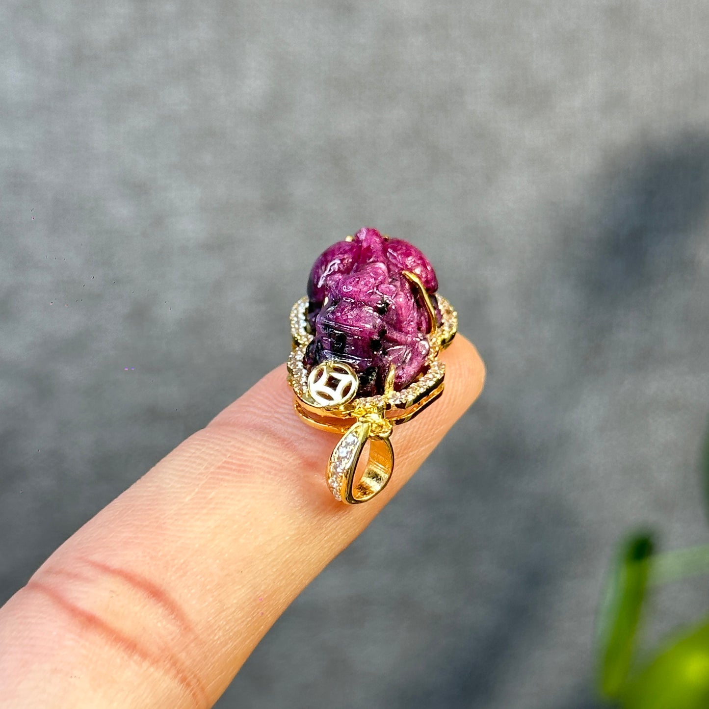 Pixiu Natural Ruby Pendant in 10k Yellow Gold with White Stone Setting