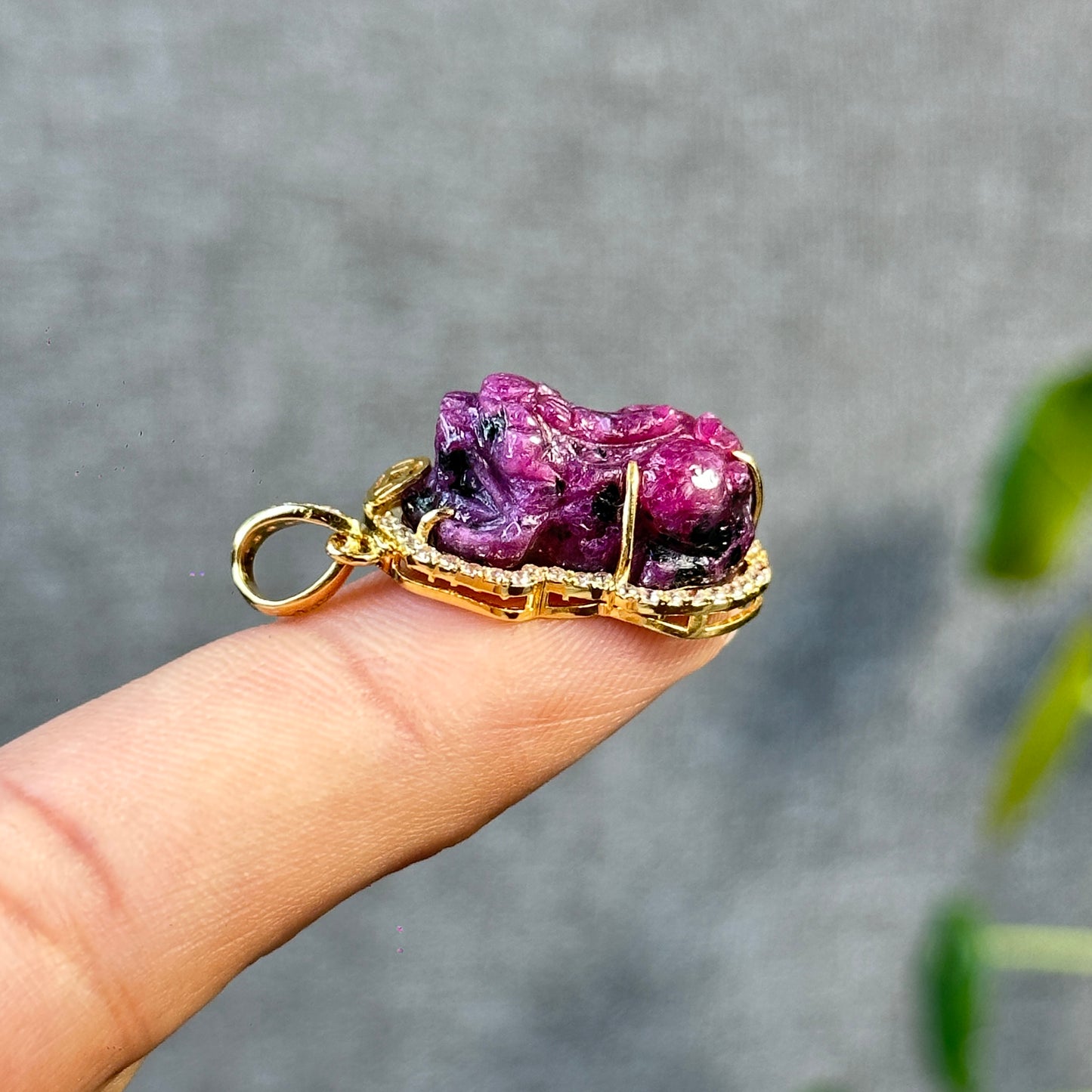 Pixiu Natural Ruby Pendant in 10k Yellow Gold with White Stone Setting
