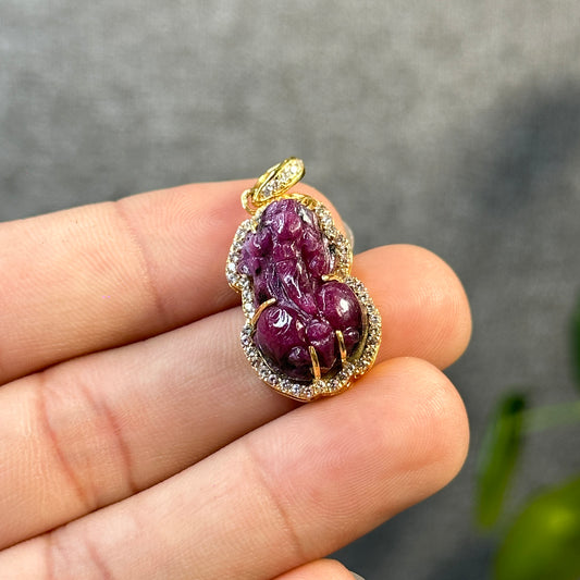 Pixiu Natural Ruby Pendant in 10k Yellow Gold with White Stone Setting