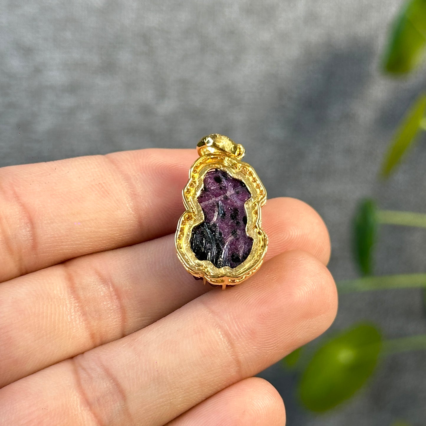 Pixiu Natural Ruby Pendant in 10k Yellow Gold with White Stone Setting