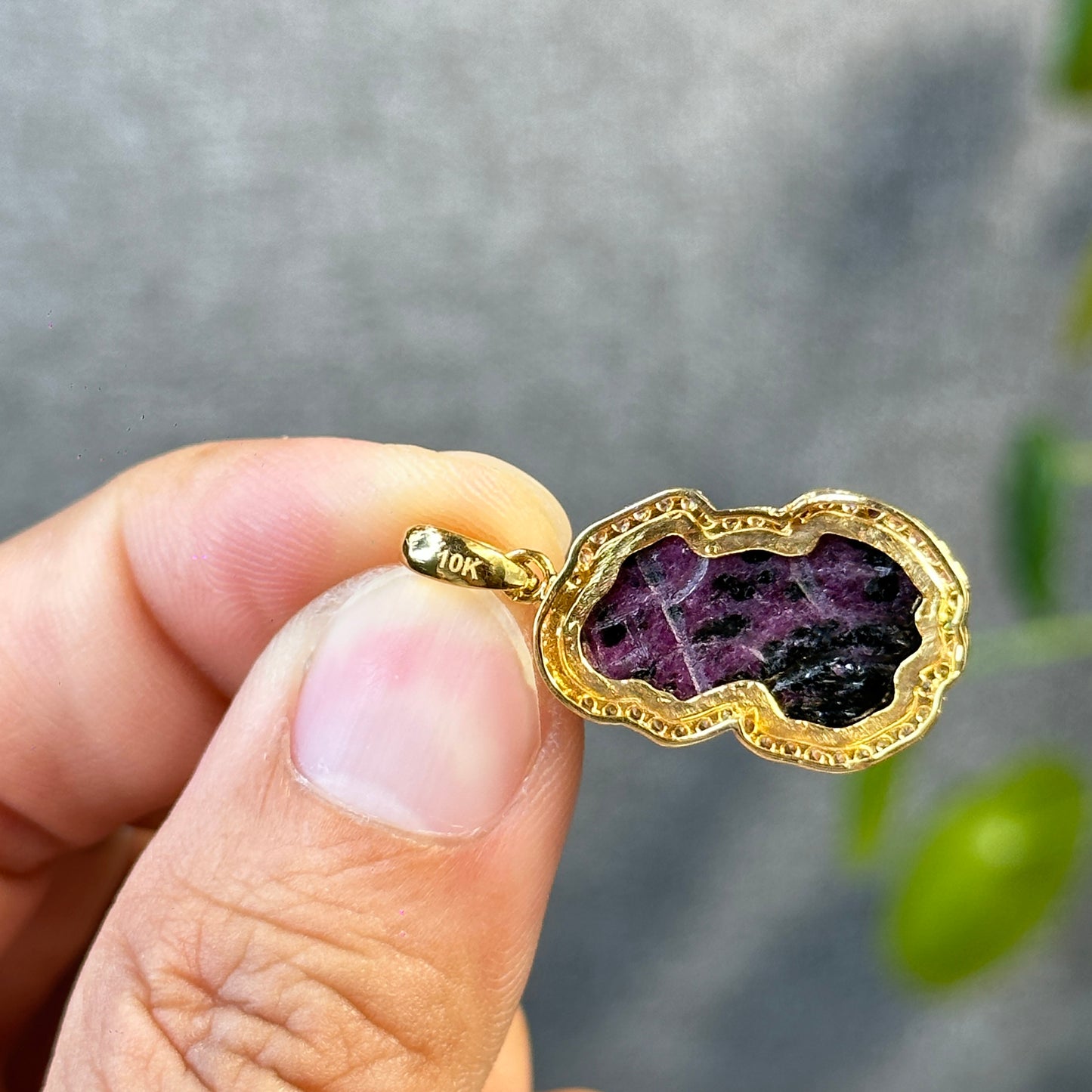 Pixiu Natural Ruby Pendant in 10k Yellow Gold with White Stone Setting