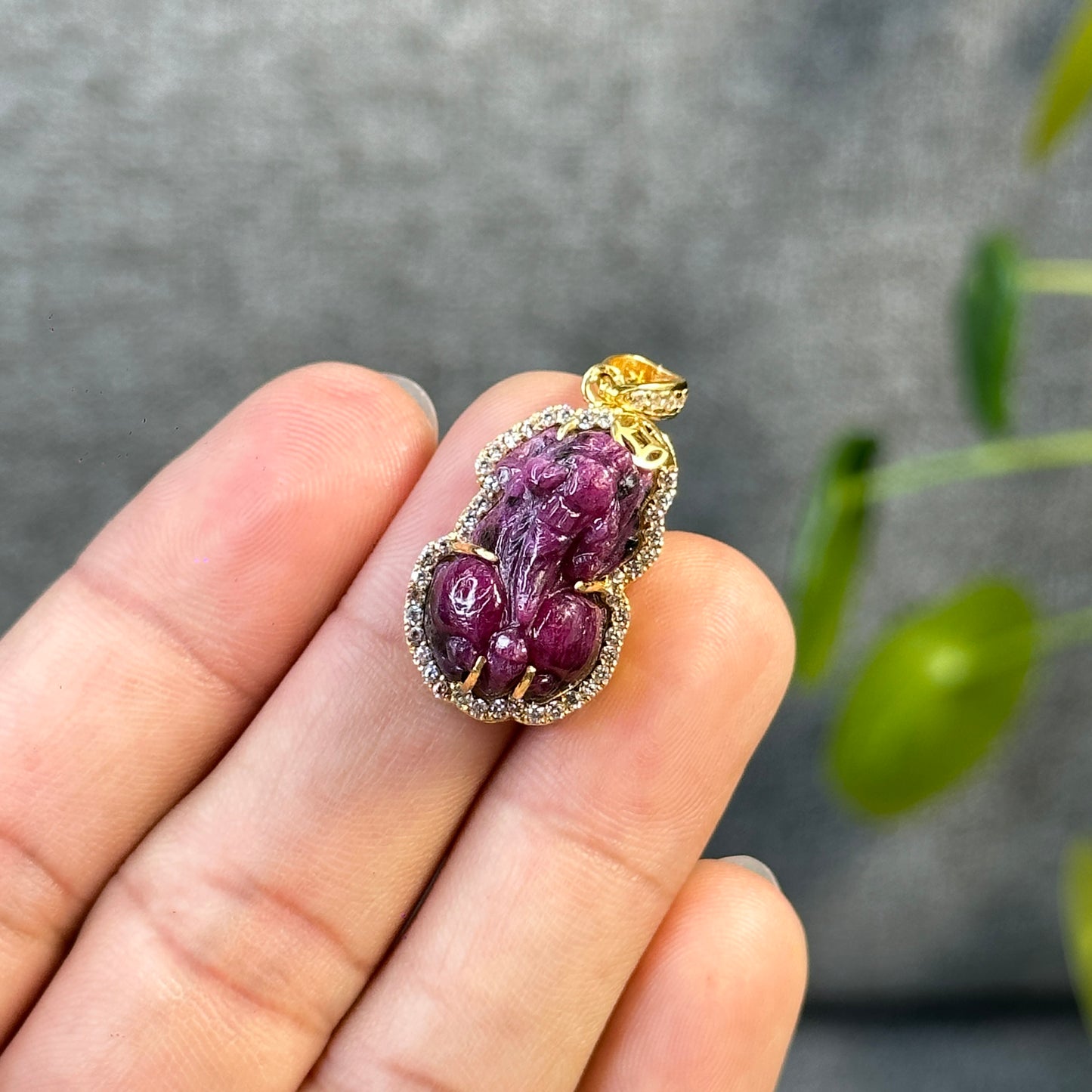 Pixiu Natural Ruby Pendant in 10k Yellow Gold with White Stone Setting