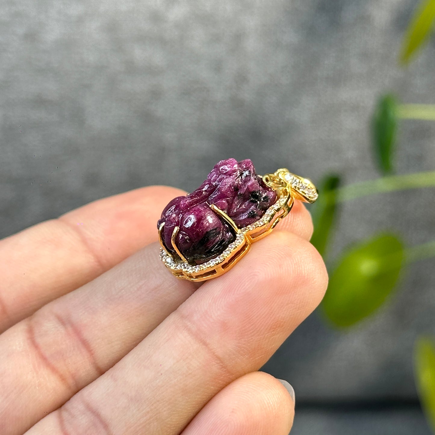 Pixiu Natural Ruby Pendant in 10k Yellow Gold with White Stone Setting