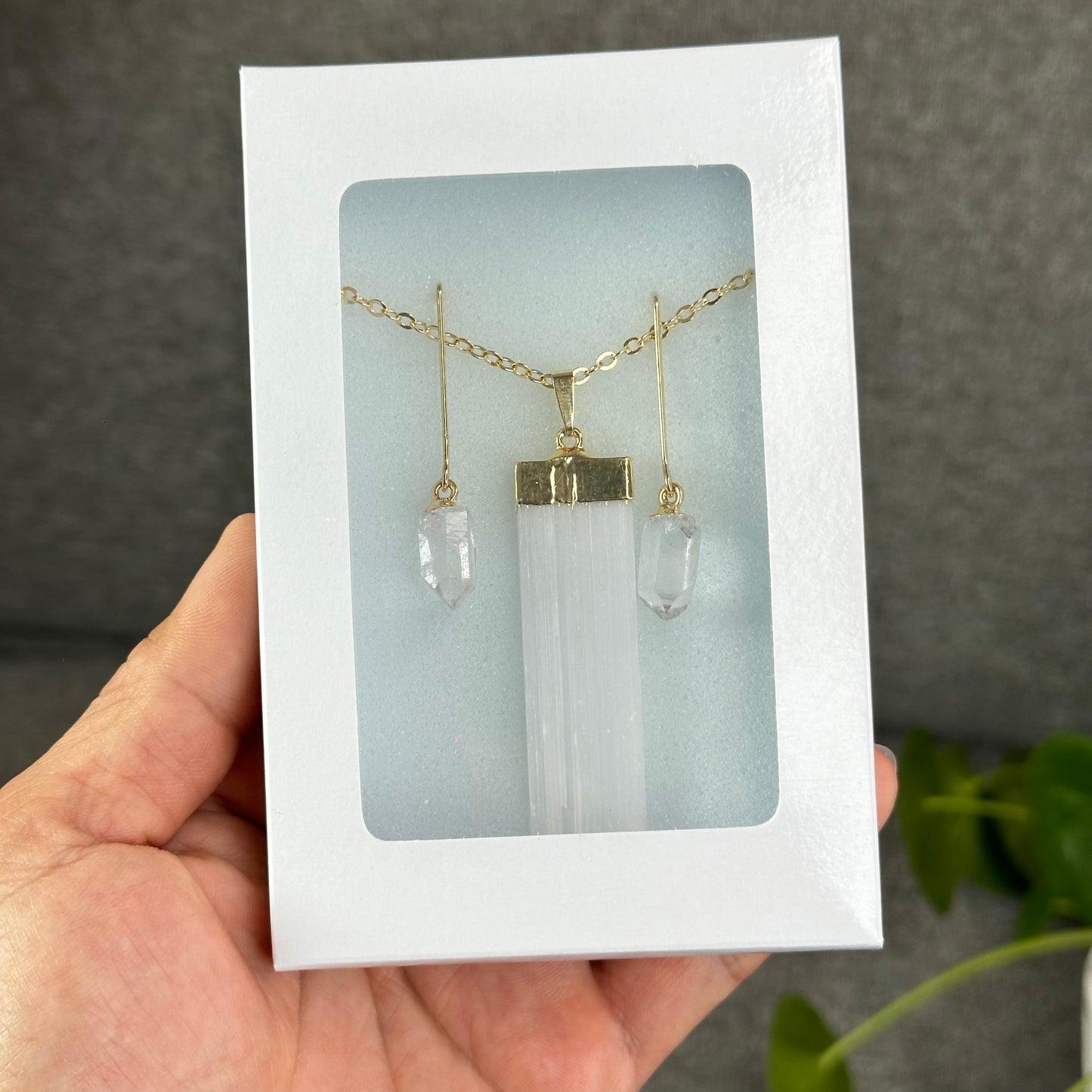 Natural Clear Quartz Point Dangling Earrings with Selenite Rectangle Pendant with Chain Gold Platted