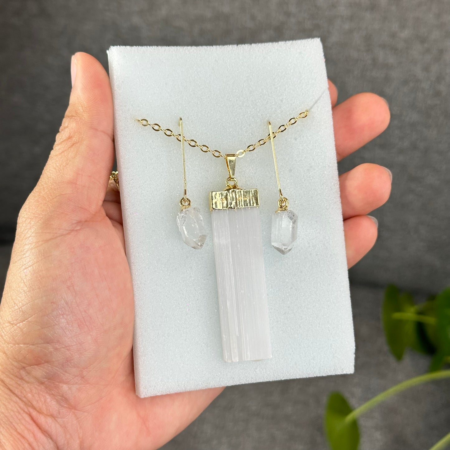 Natural Clear Quartz Point Dangling Earrings with Selenite Rectangle Pendant with Chain Gold Platted