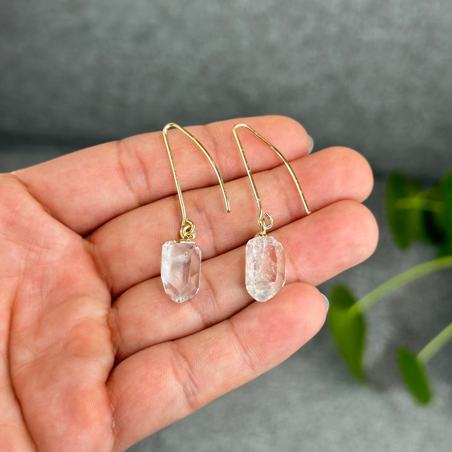 Natural Clear Quartz Point Dangling Earrings with Selenite Rectangle Pendant with Chain Gold Platted
