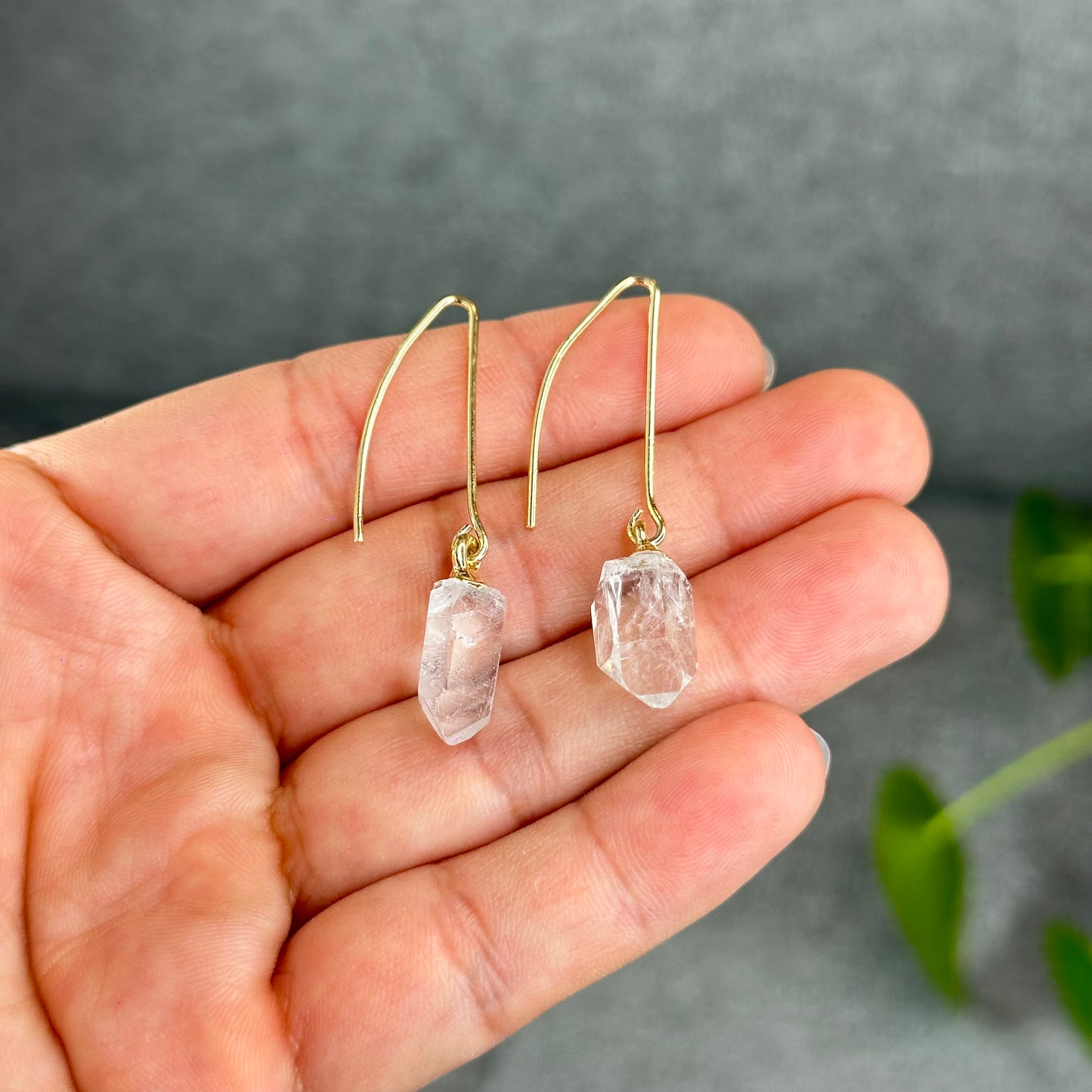 Natural Clear Quartz Point Dangling Earrings with Selenite Rectangle Pendant with Chain Gold Platted