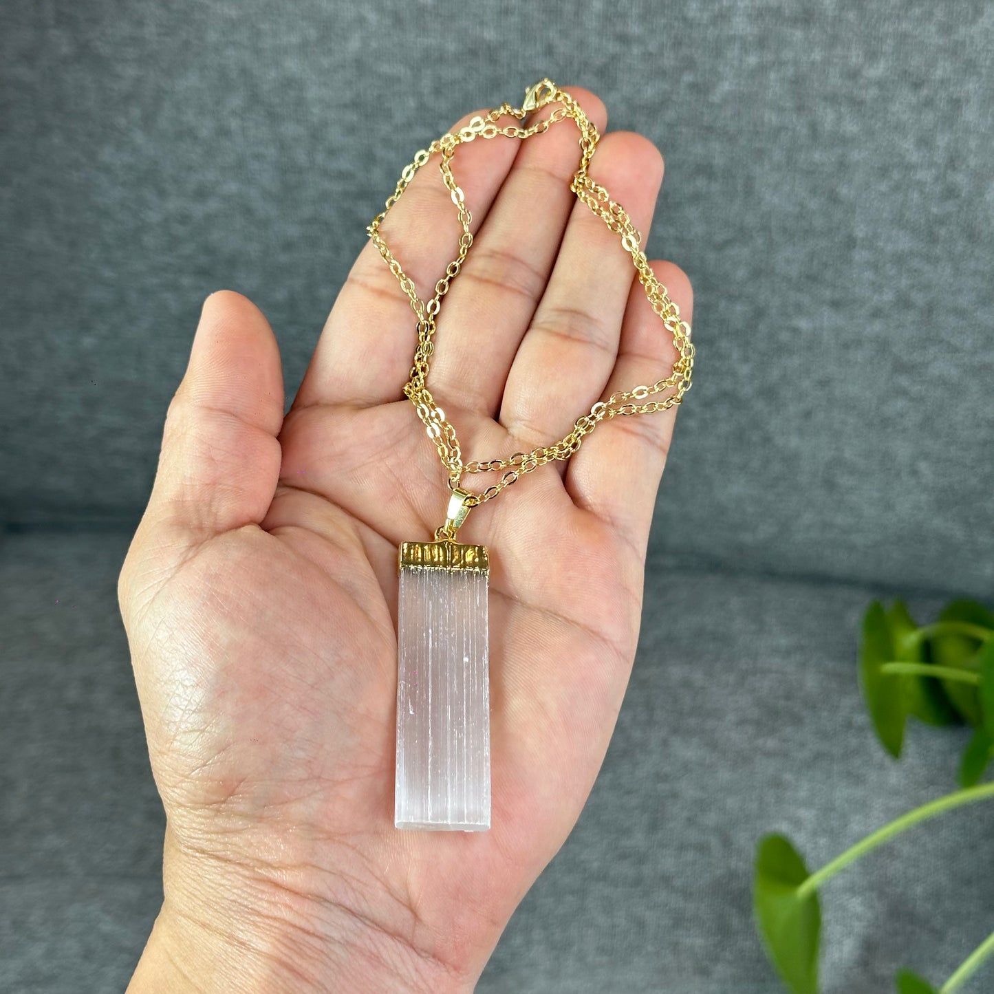 Natural Clear Quartz Point Dangling Earrings with Selenite Rectangle Pendant with Chain Gold Platted