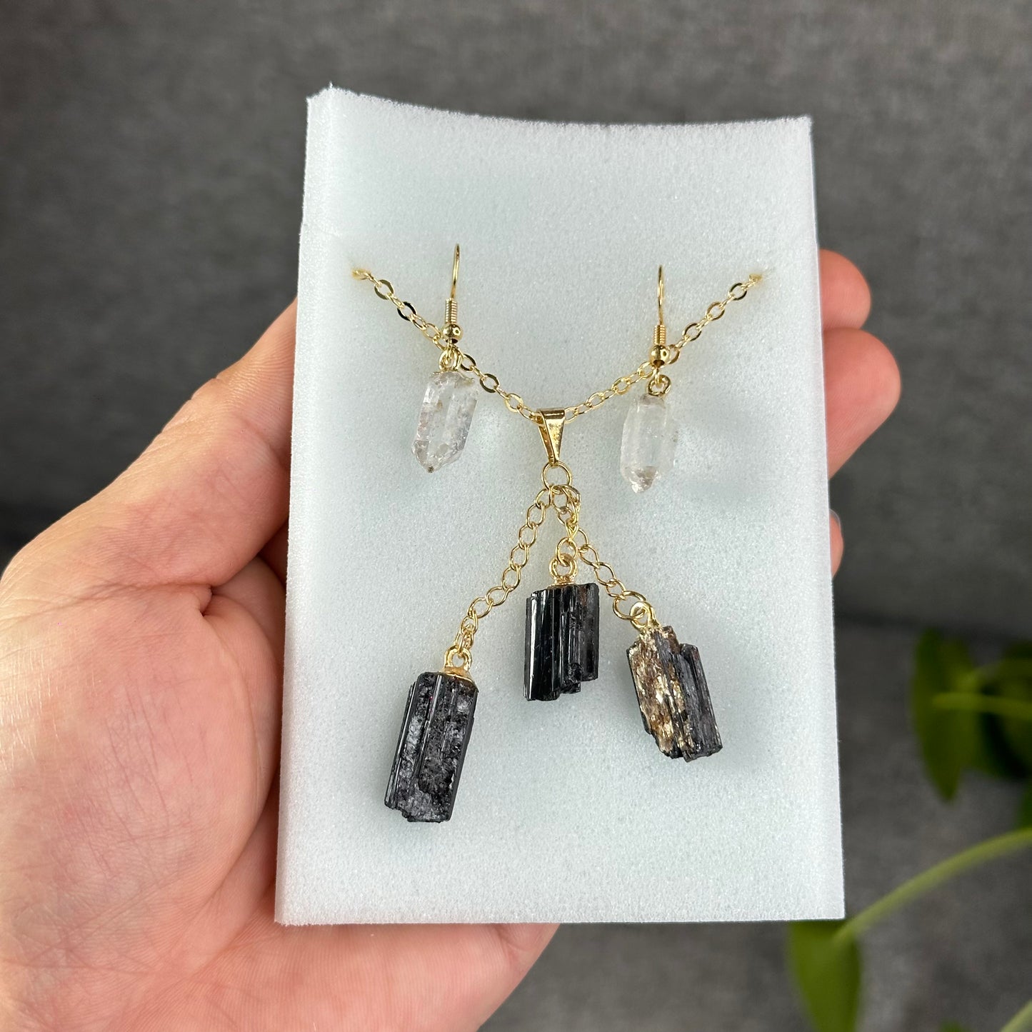 Natural Clear Quartz Point Dangling Earrings with Natural Black Tourmaline Dangling Pendant with Chain Gold Platted