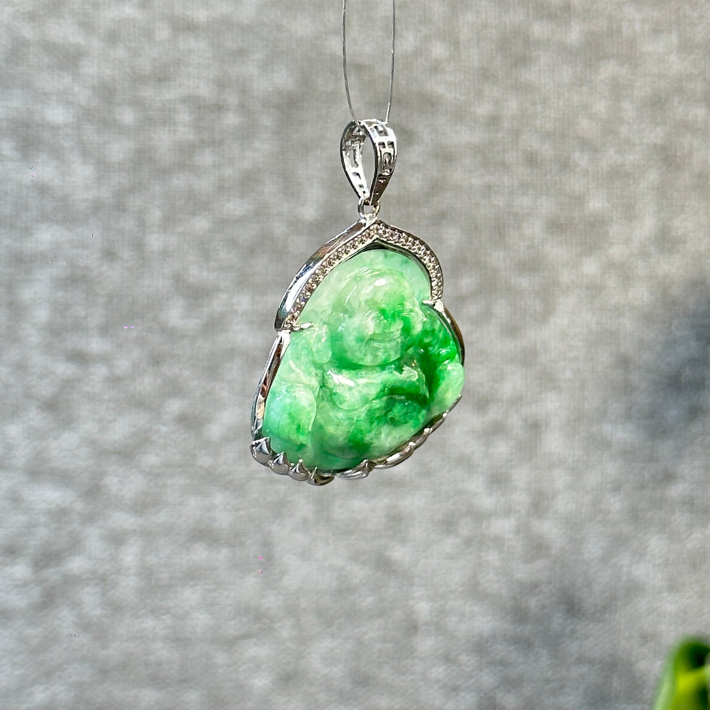 Happy Buddha Imperial Green Natural Jadeite Jade Pendant in 10 K White Gold Setting