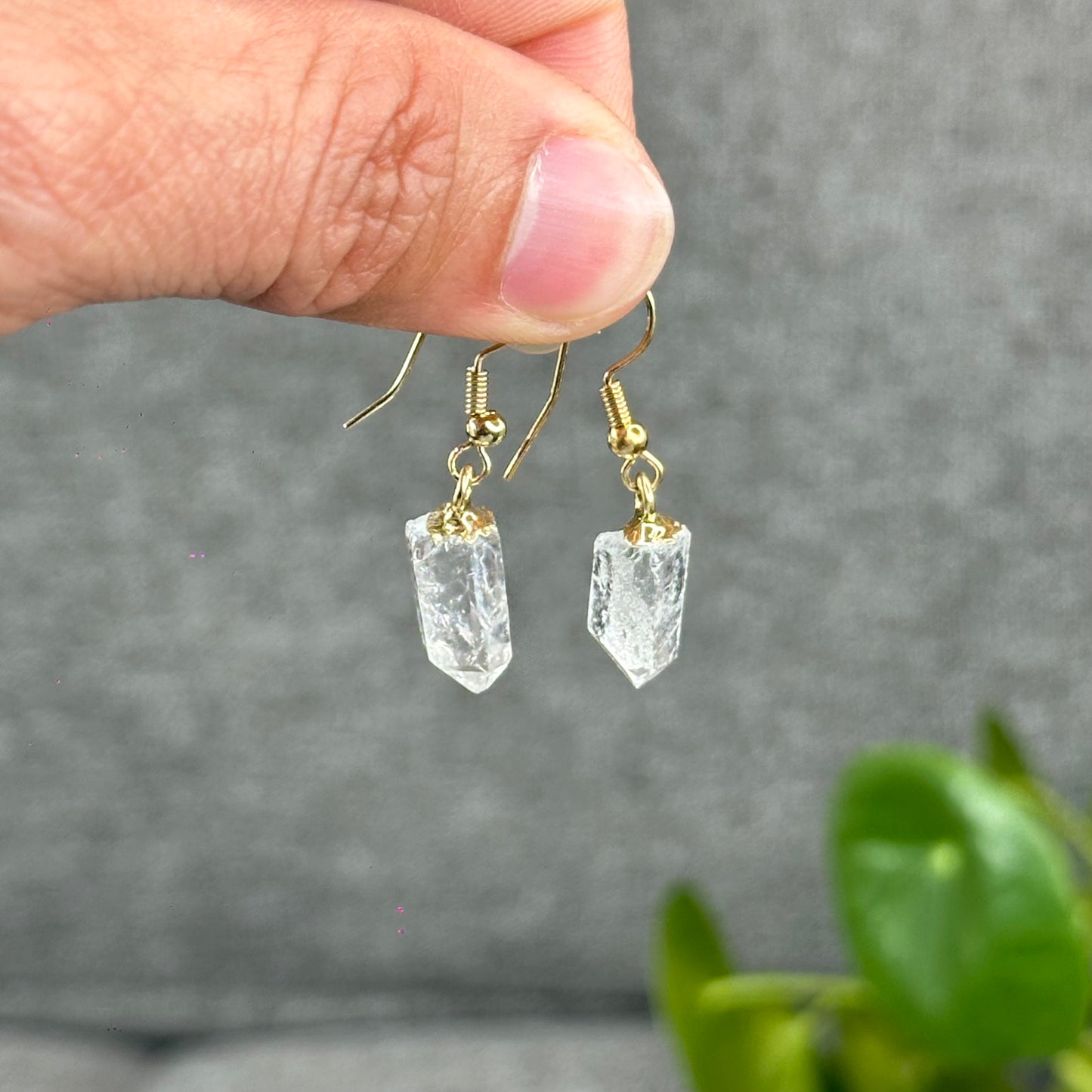 Natural Clear Quartz Point Dangling Earrings with Natural Black Tourmaline Dangling Pendant with Chain Gold Platted