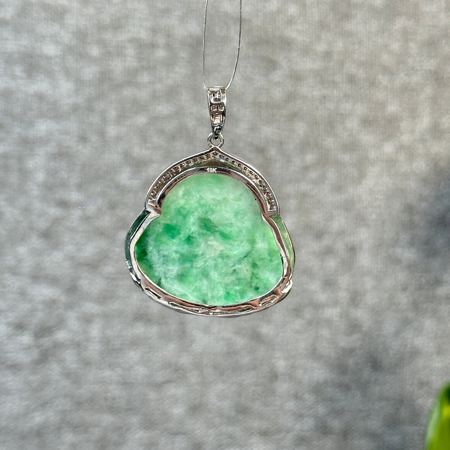 Happy Buddha Imperial Green Natural Jadeite Jade Pendant in 10 K White Gold Setting