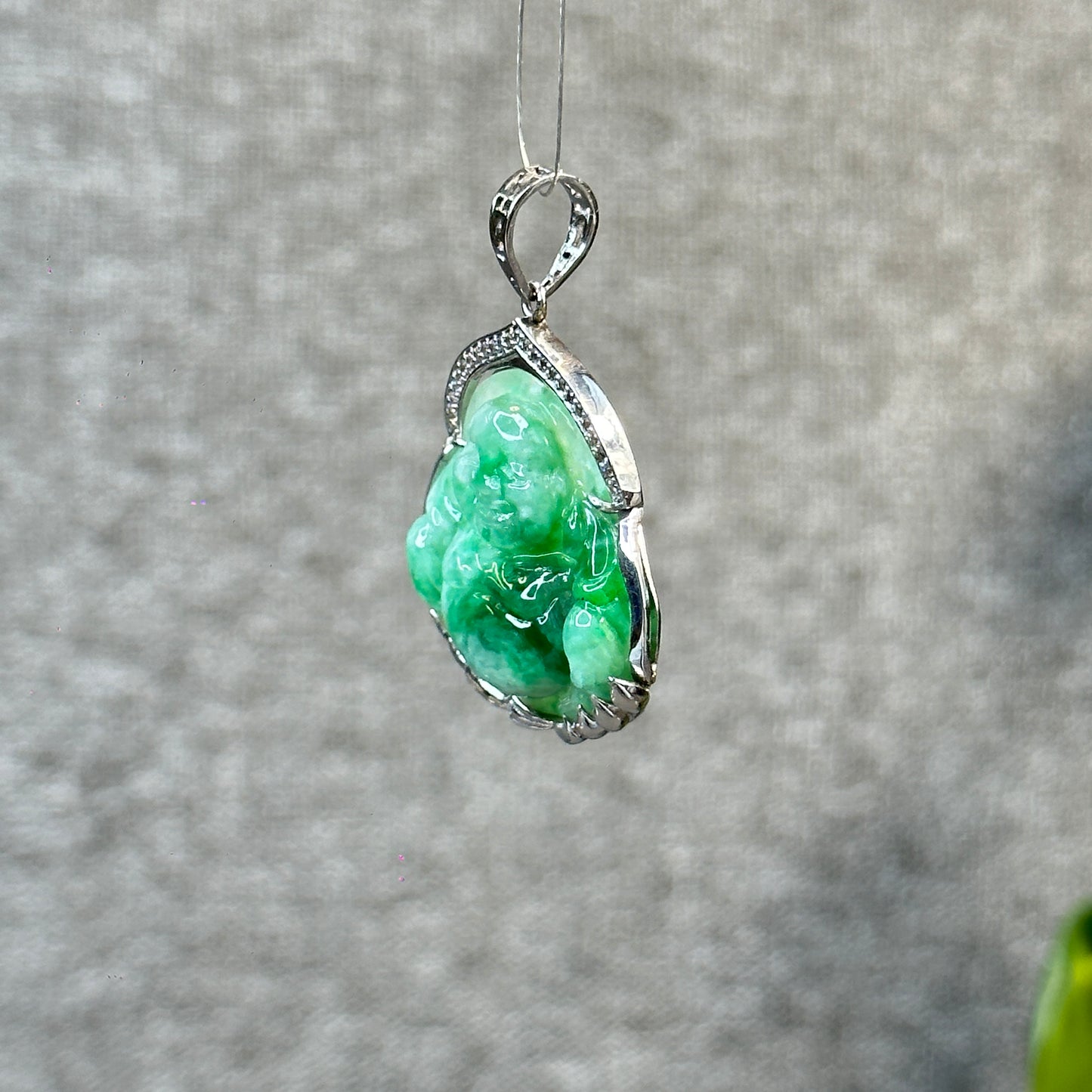 Happy Buddha Imperial Green Natural Jadeite Jade Pendant in 10 K White Gold Setting