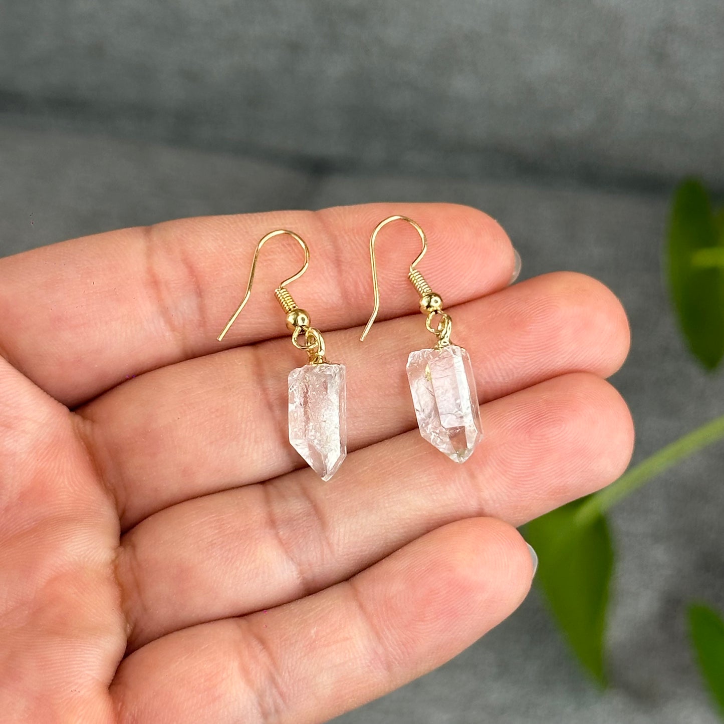 Natural Clear Quartz Point Dangling Earrings with Natural Black Tourmaline Dangling Pendant with Chain Gold Platted