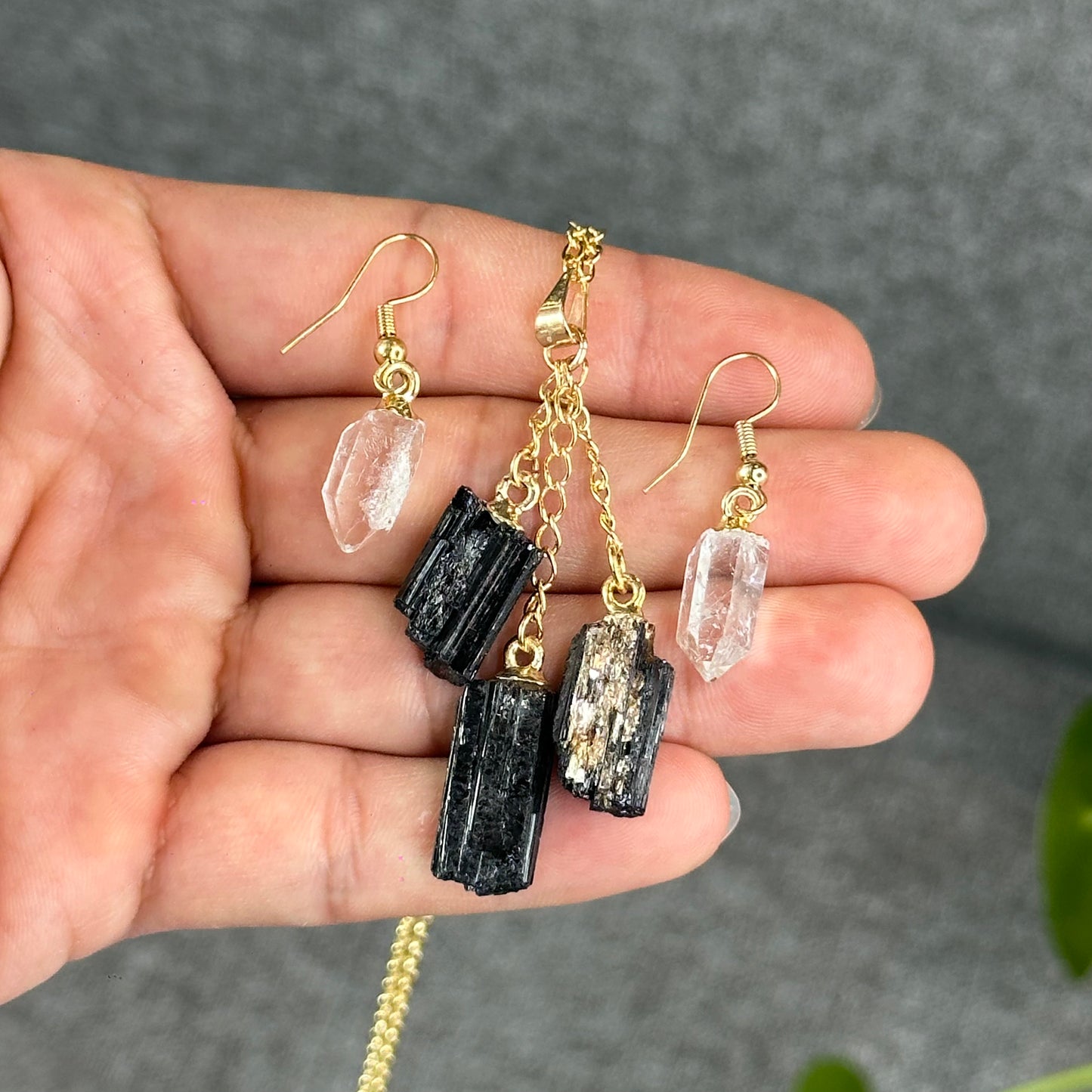 Natural Clear Quartz Point Dangling Earrings with Natural Black Tourmaline Dangling Pendant with Chain Gold Platted