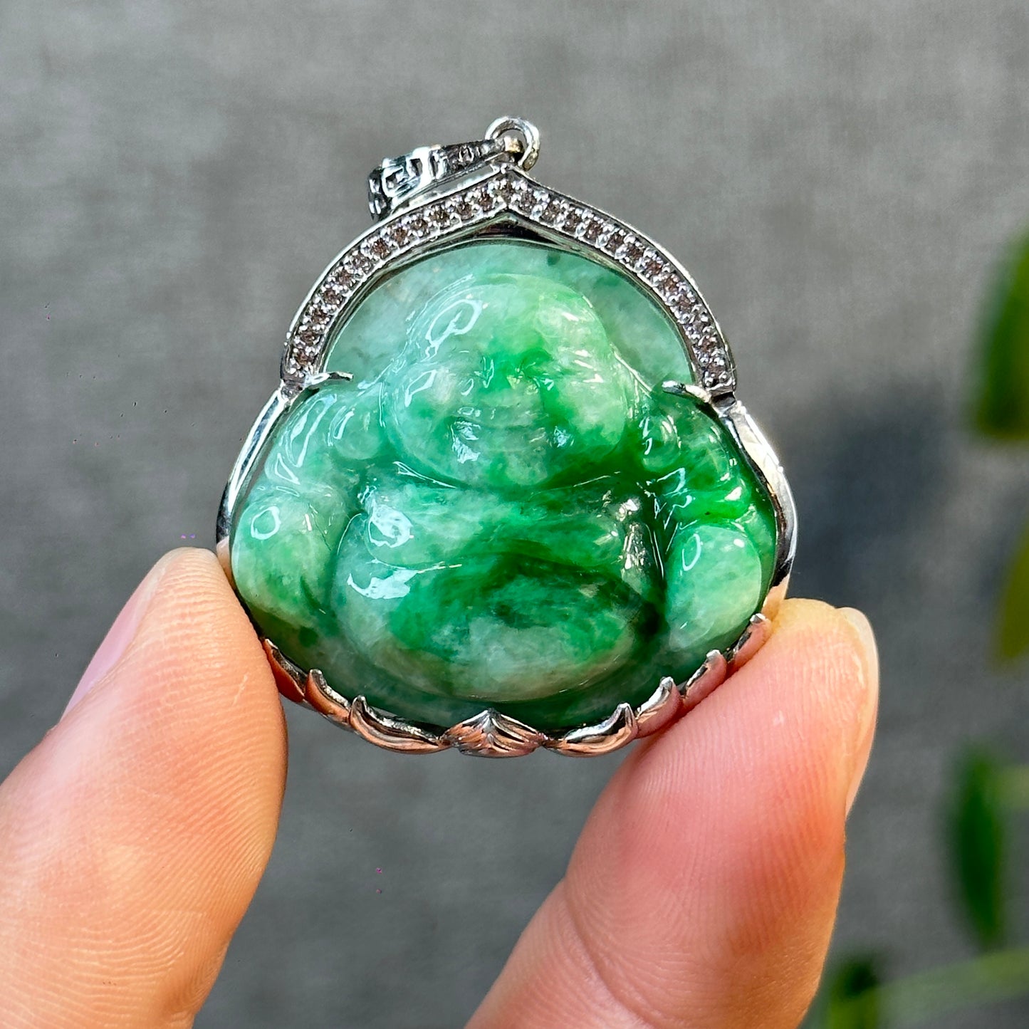 Happy Buddha Imperial Green Natural Jadeite Jade Pendant in 10 K White Gold Setting