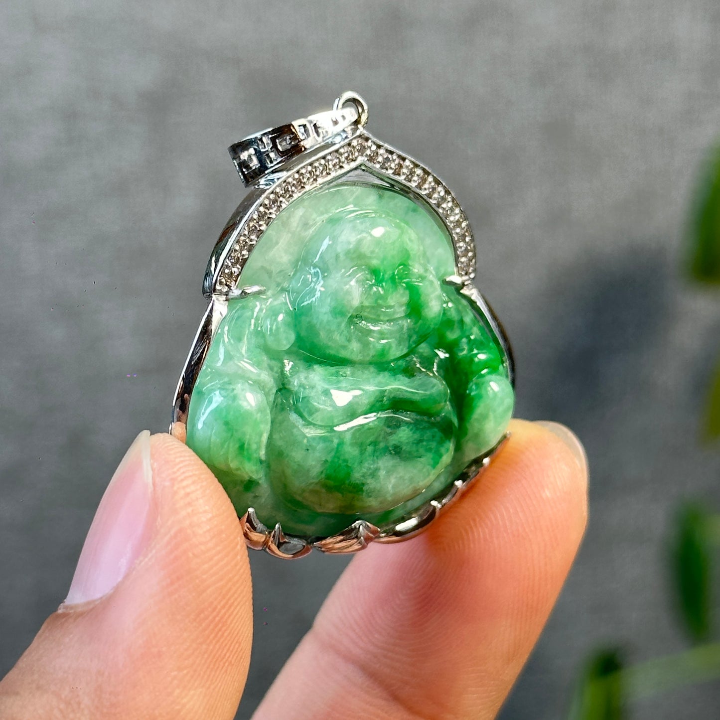 Happy Buddha Imperial Green Natural Jadeite Jade Pendant in 10 K White Gold Setting