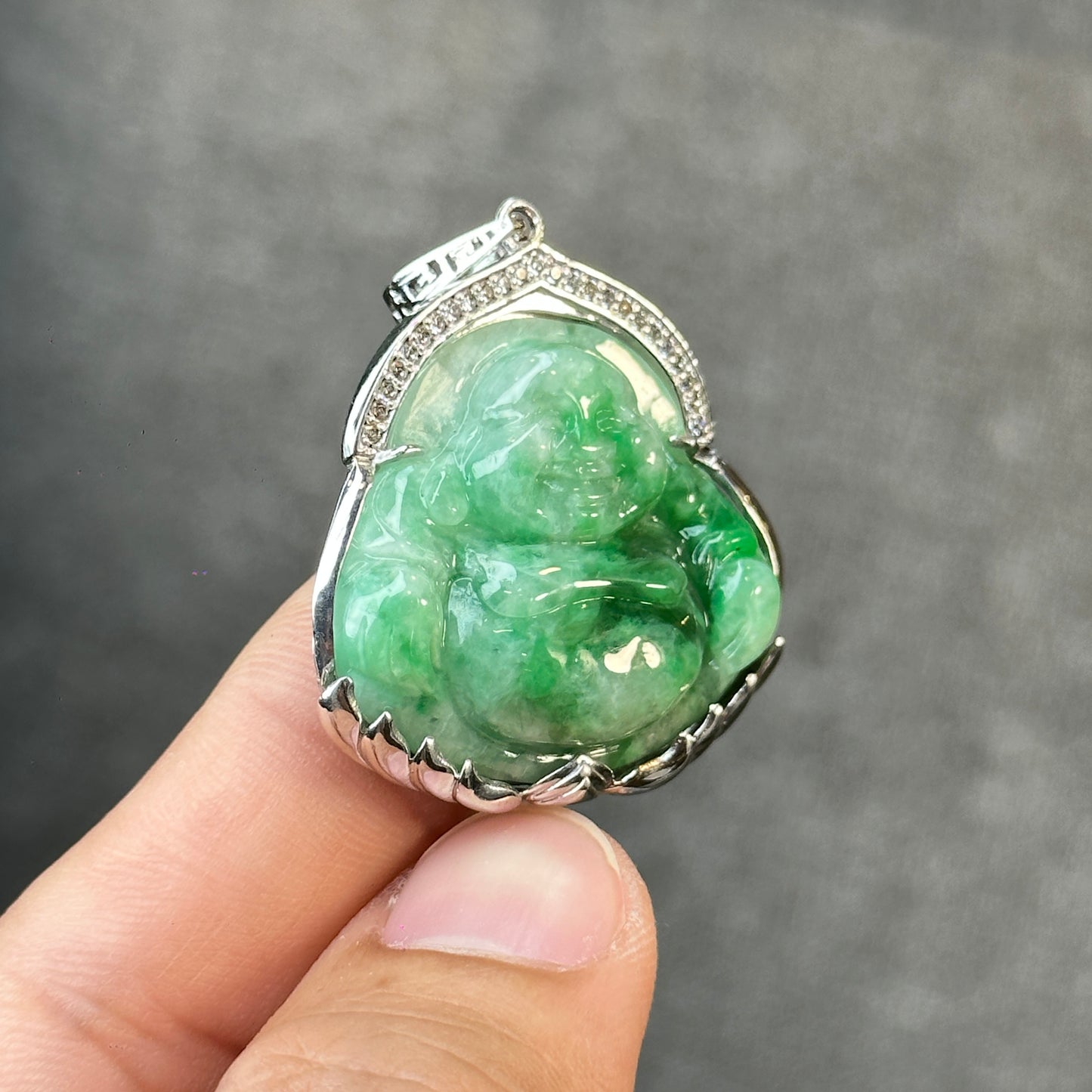 Happy Buddha Imperial Green Natural Jadeite Jade Pendant in 10 K White Gold Setting