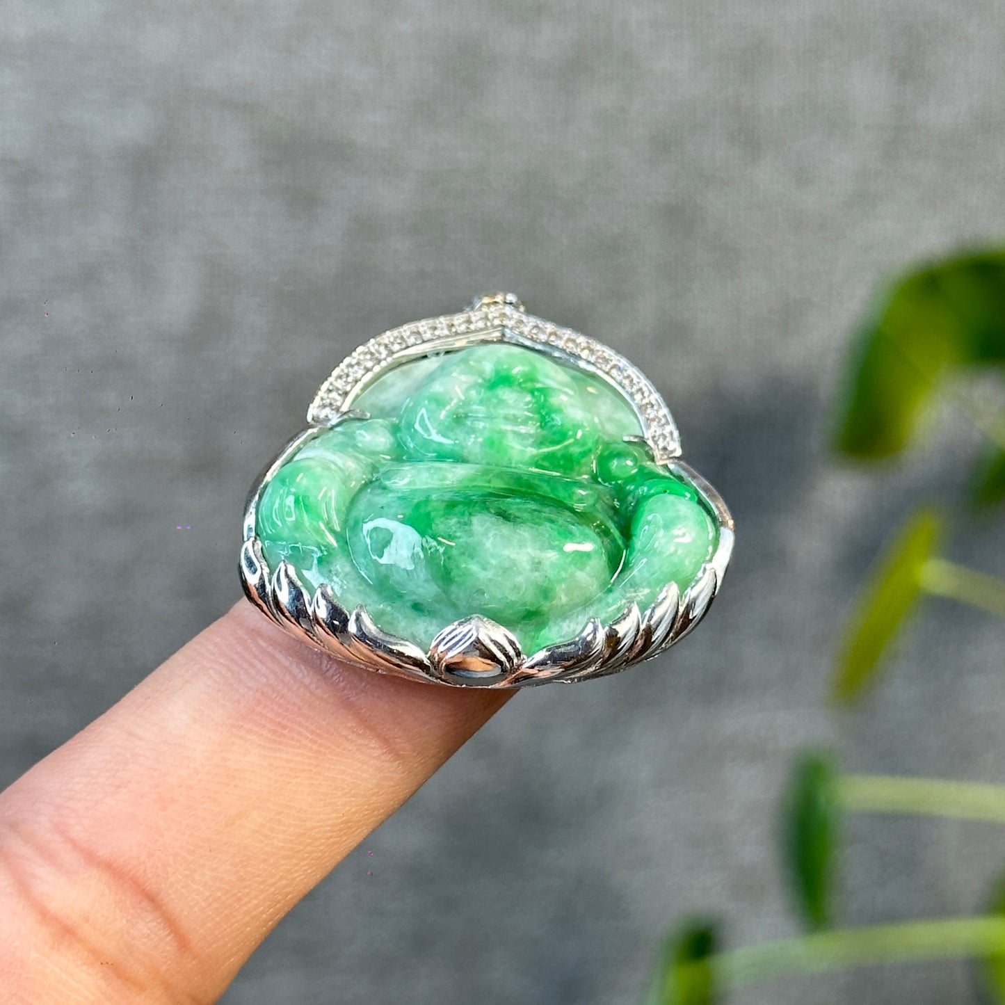 Happy Buddha Imperial Green Natural Jadeite Jade Pendant in 10 K White Gold Setting