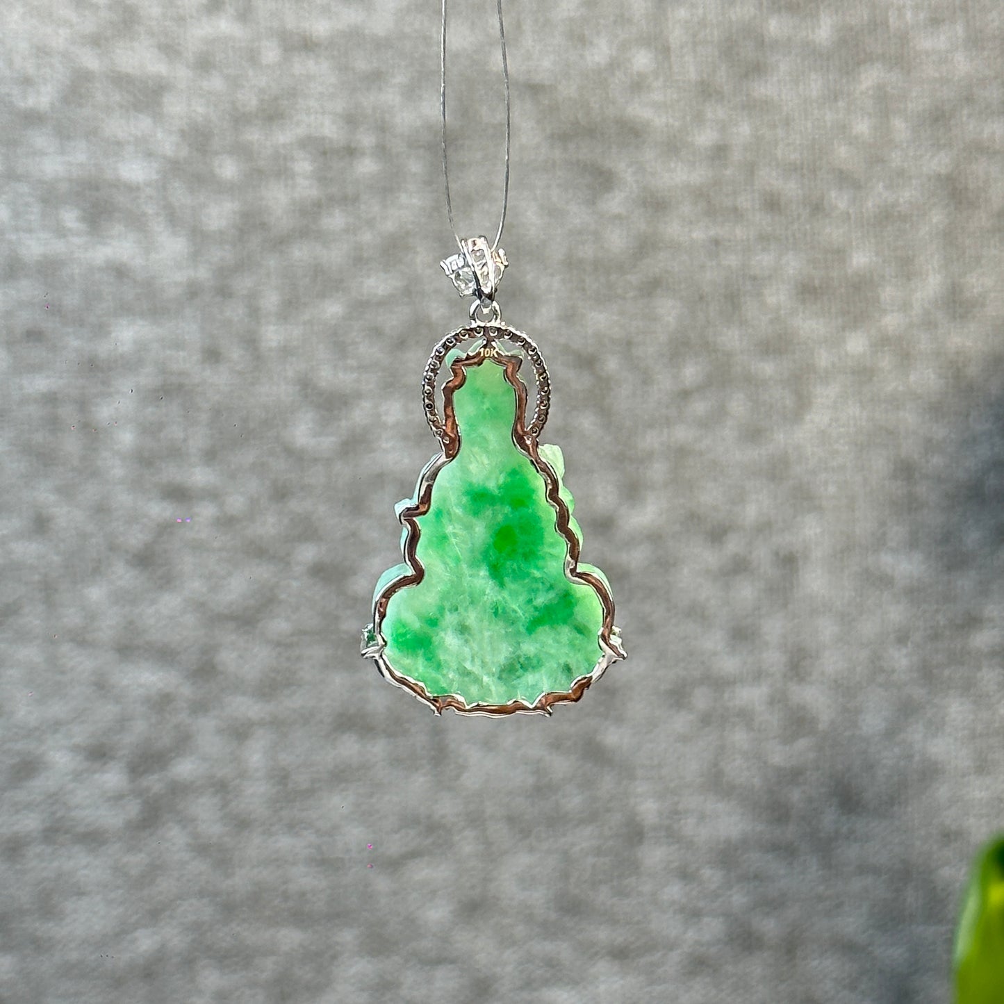 Guan Yin (Quan The Am) Buddha Natural Imperial Green Jadeite Jade Pendant in 10k White Gold Setting