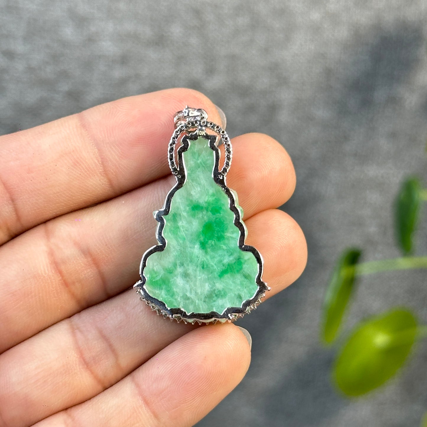 Guan Yin (Quan The Am) Buddha Natural Imperial Green Jadeite Jade Pendant in 10k White Gold Setting