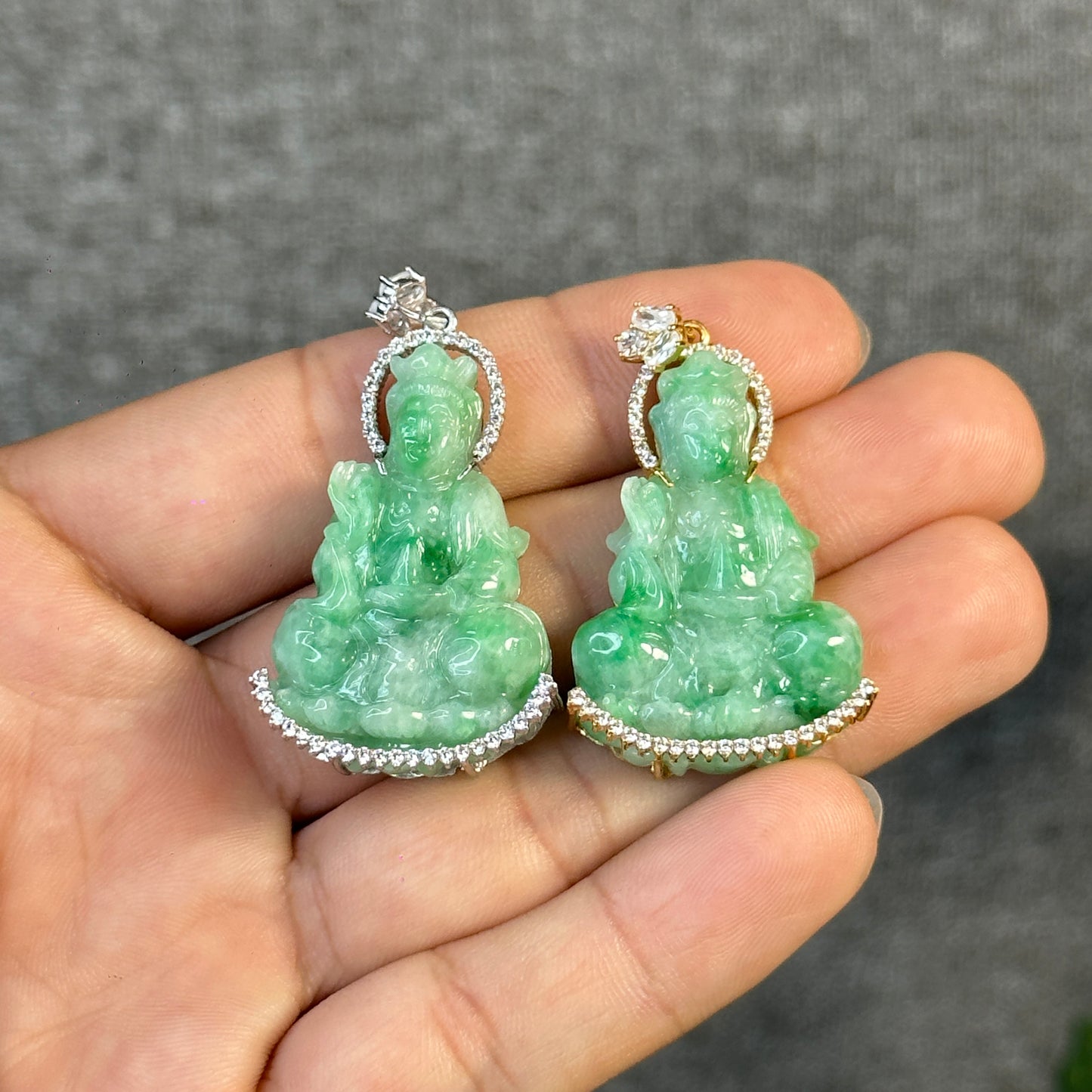 Guan Yin (Quan The Am) Buddha Natural Imperial Green Jadeite Jade Pendant in 10k White Gold Setting