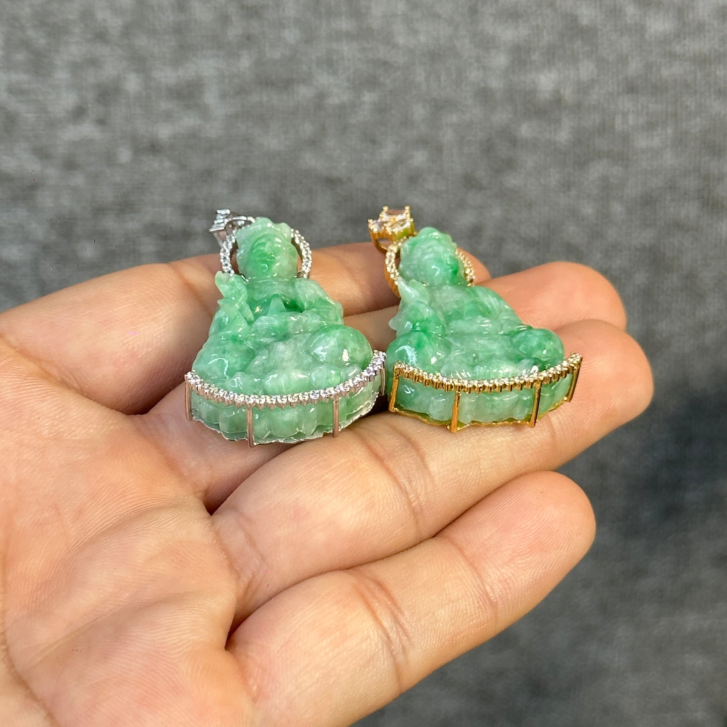 Guan Yin (Quan The Am) Buddha Natural Imperial Green Jadeite Jade Pendant in 10k White Gold Setting