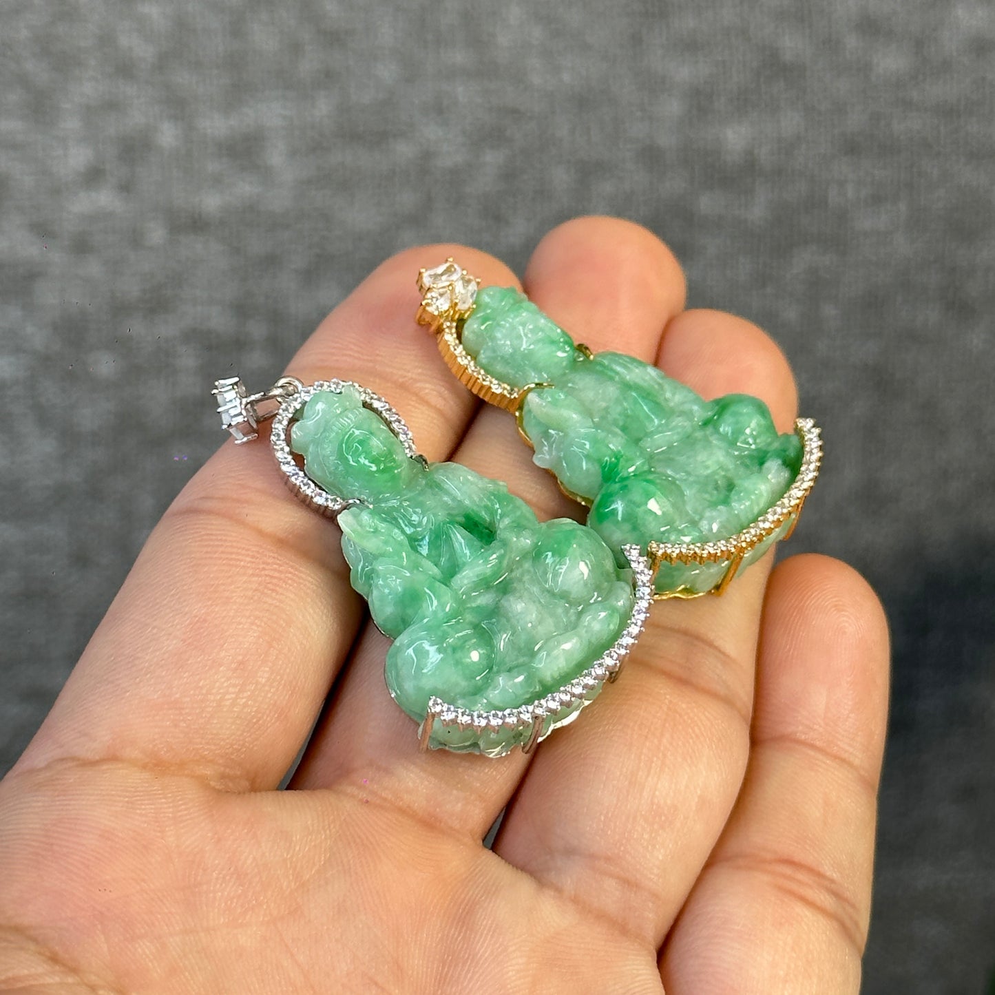 Guan Yin (Quan The Am) Buddha Natural Imperial Green Jadeite Jade Pendant in 10k White Gold Setting