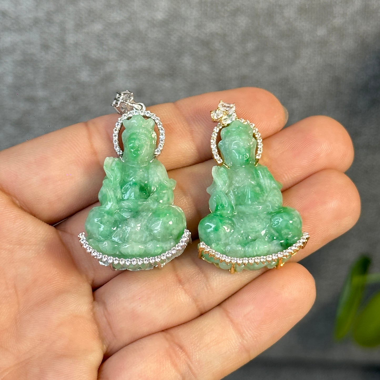 Guan Yin (Quan The Am) Buddha Natural Imperial Green Jadeite Jade Pendant in 10k White Gold Setting