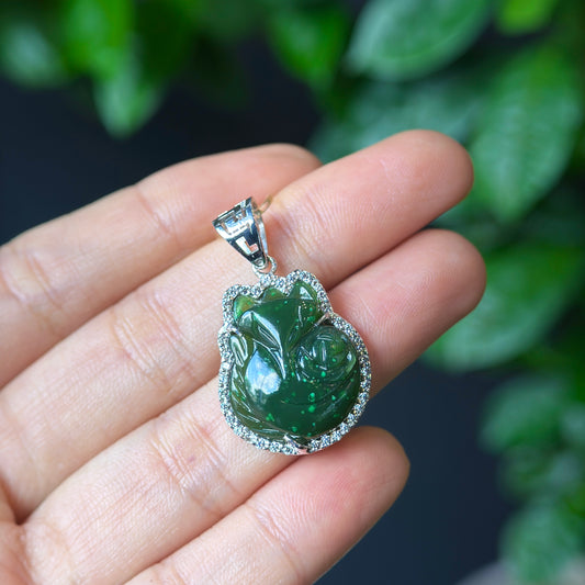 Ho Ly Natural Nephrite Jade Charm In Gold Platted Silver Setting with White Stones