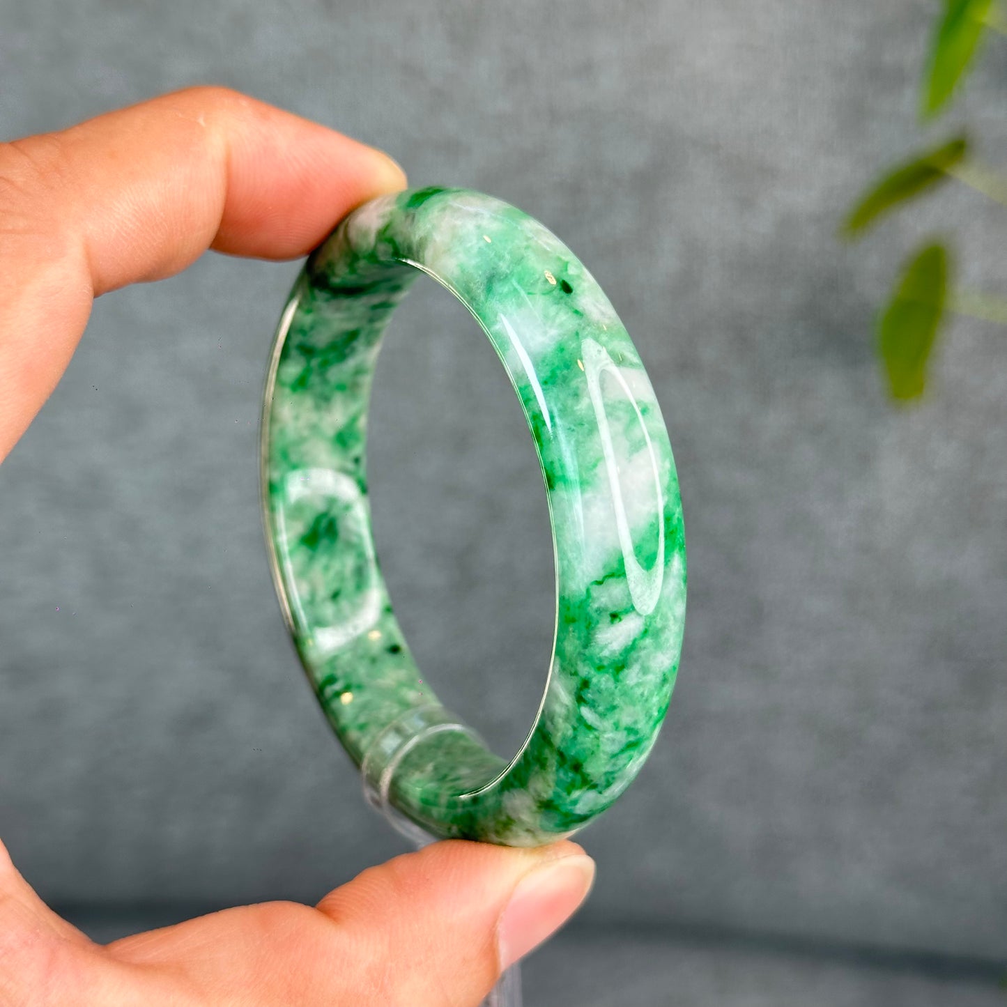 Natural Apple Green Jadeite Jade VIP Bangle Leaf Style Size 53 mm