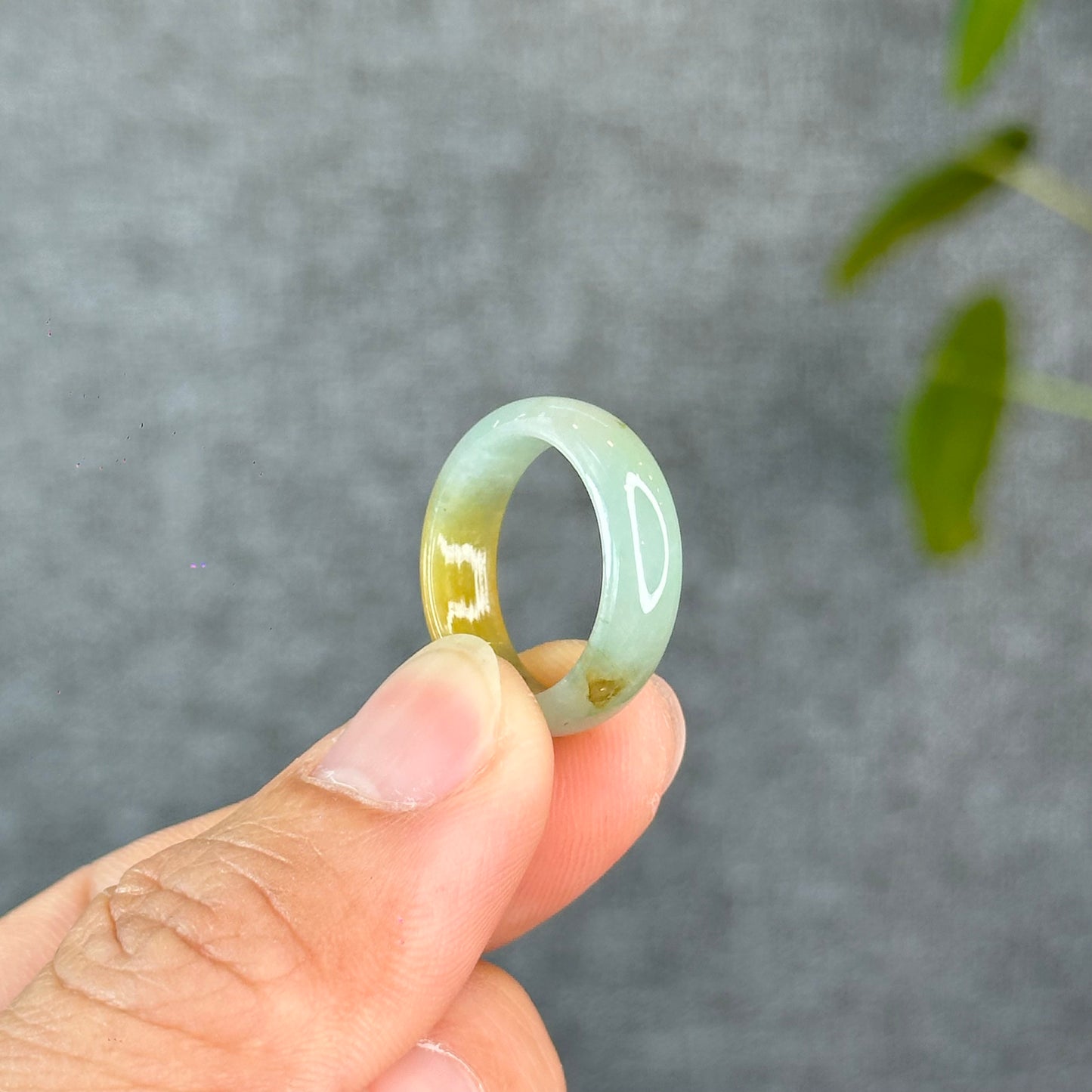 Natural Light Water Green with Orange Jadeite Jade Semi Translucent Ring Size 1.73