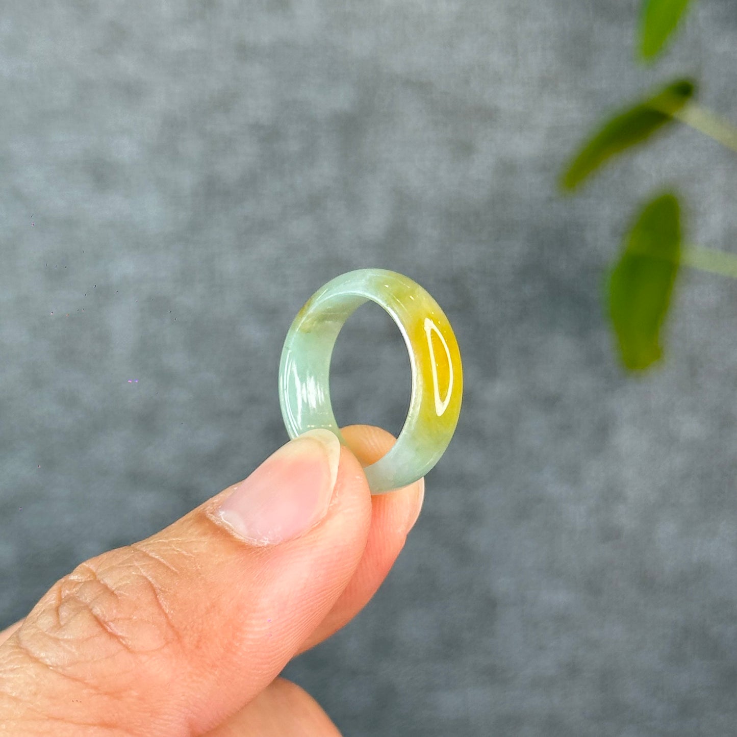 Natural Light Water Green with Orange Jadeite Jade Semi Translucent Ring Size 1.73