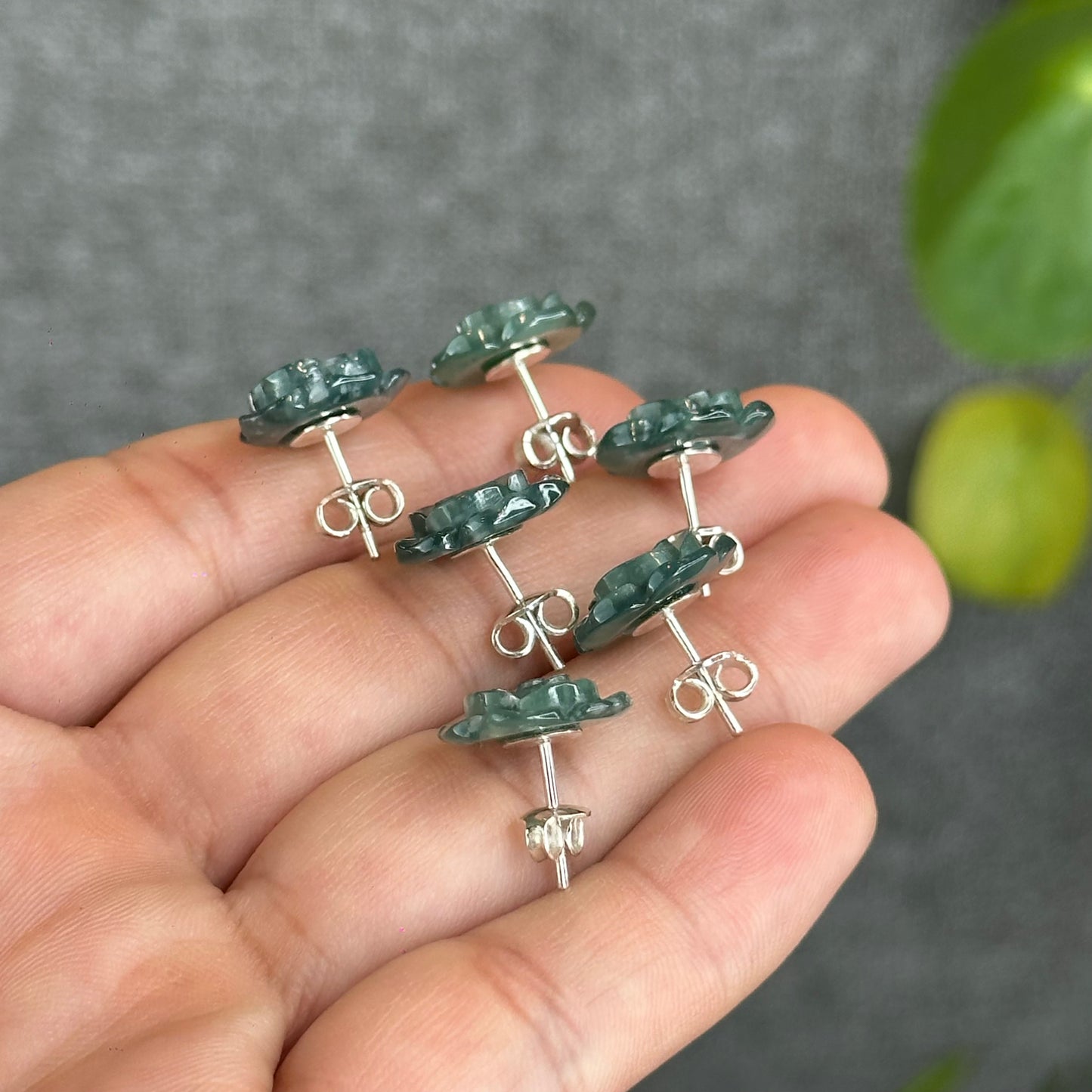 Natural Water Green Jadeite Jade Peony Flower Earrings in Silver Setting