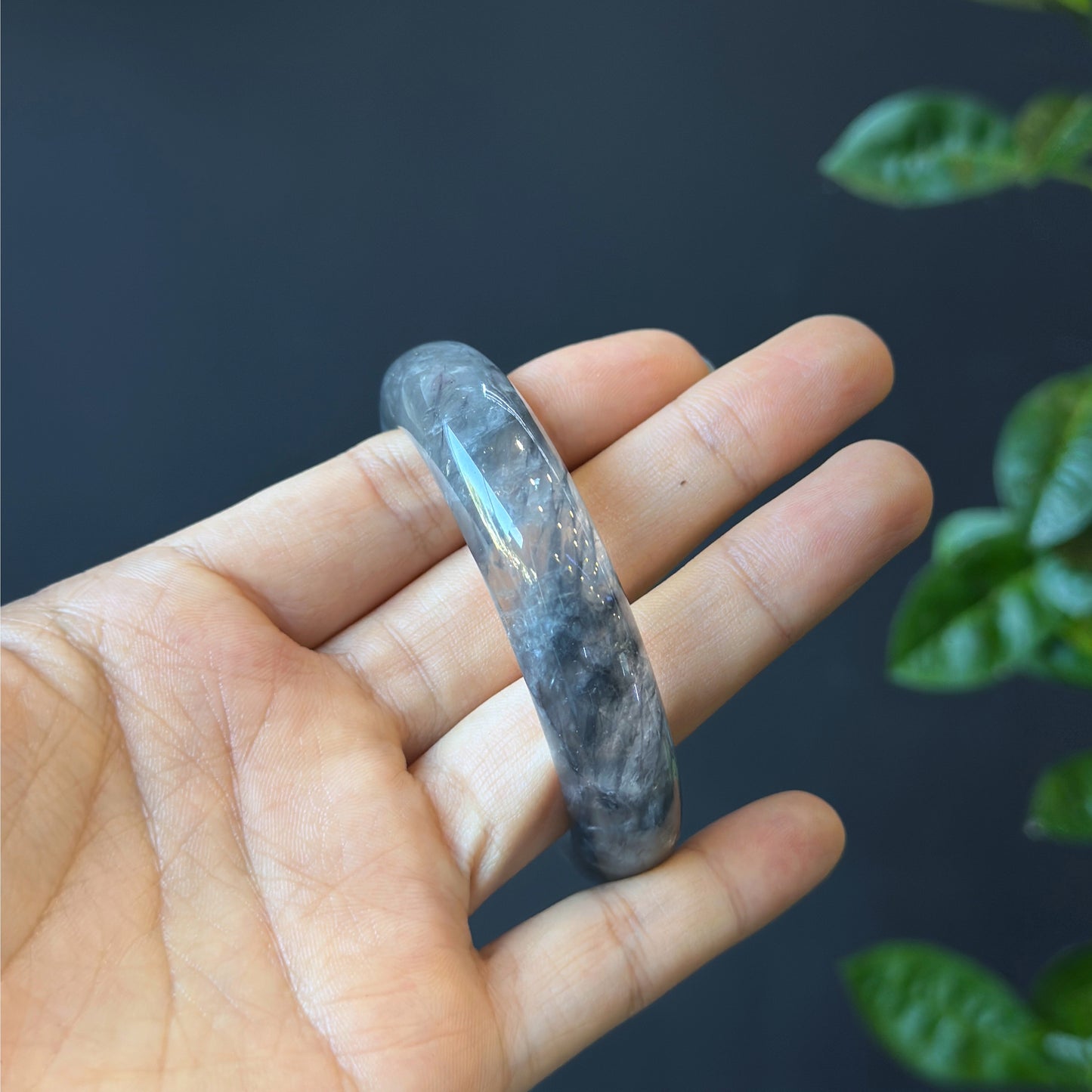 Natural Smokey Quartz Bangle Leaf Style Size 53 mm
