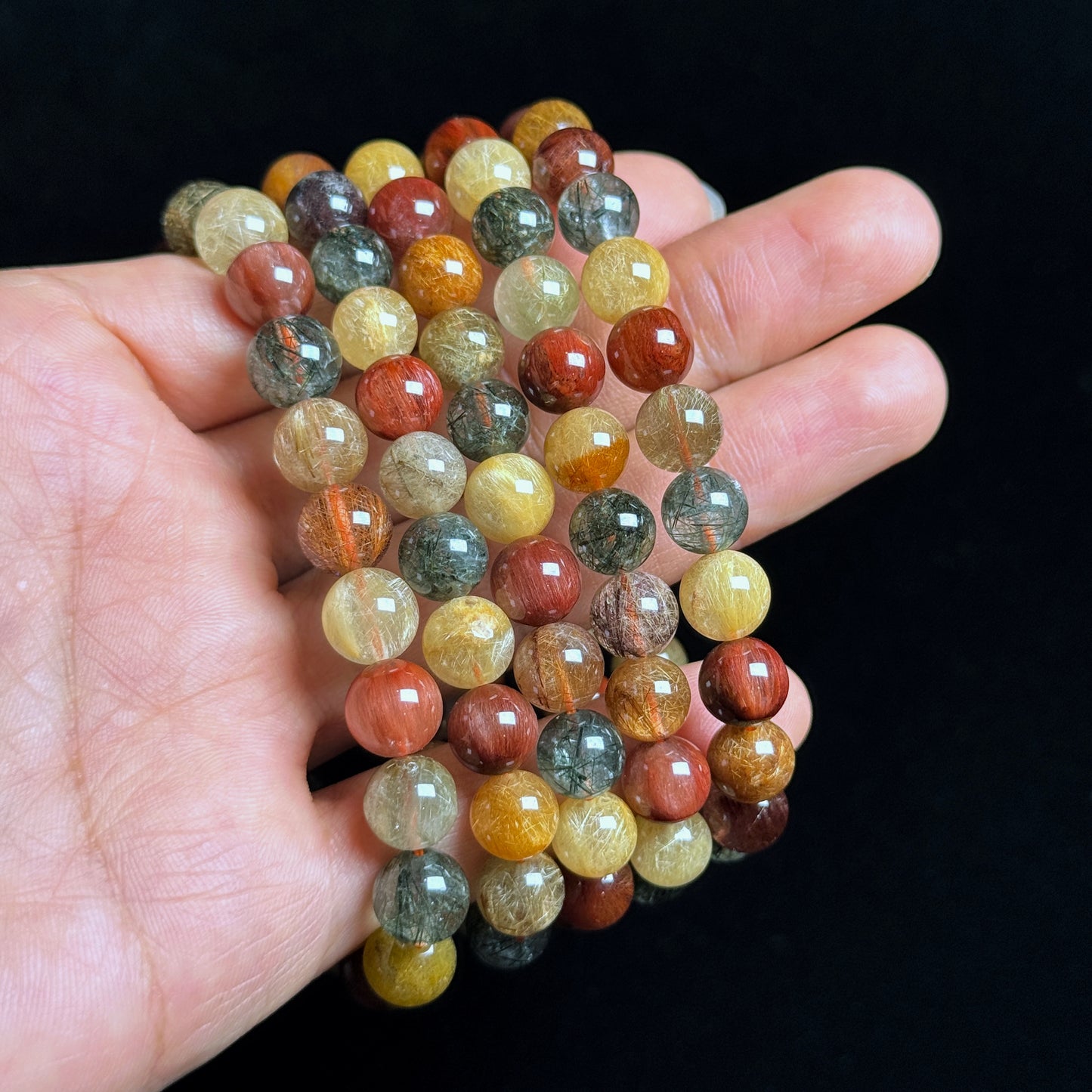 Dark Tri Colour Natural Rutilated Quartz Bracelet Size 8 mm
